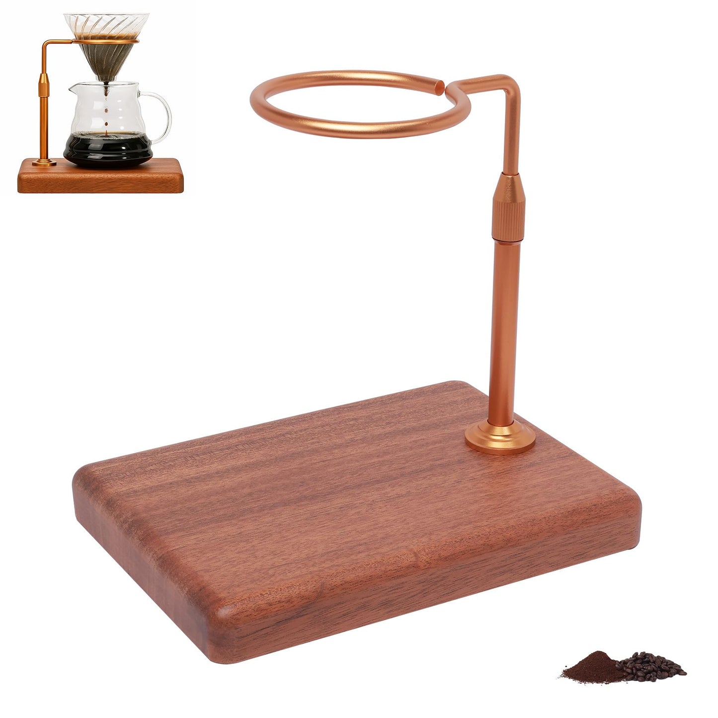Svfreyavis Pour Over Coffee Maker with Adjustable Stand & Wooden Base, Dripper Stand for Manual Coffee Brewing, Coffee Filter Holder, Tea Strainer Stand for Home, Café, Restaurant, Camping, Golden