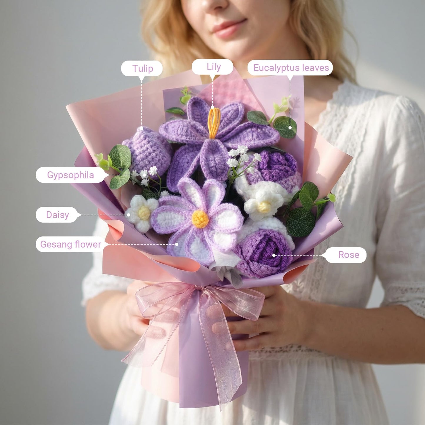 Crochet Flower Bouquet, Purple Handmade Knitted Flowers with Lights & Vase Crochet Tulips Galsang Liliy Rose Daisy Flower for Mothers Day Graduation Wedding Lover Teacher Anniversary Birthday Gift