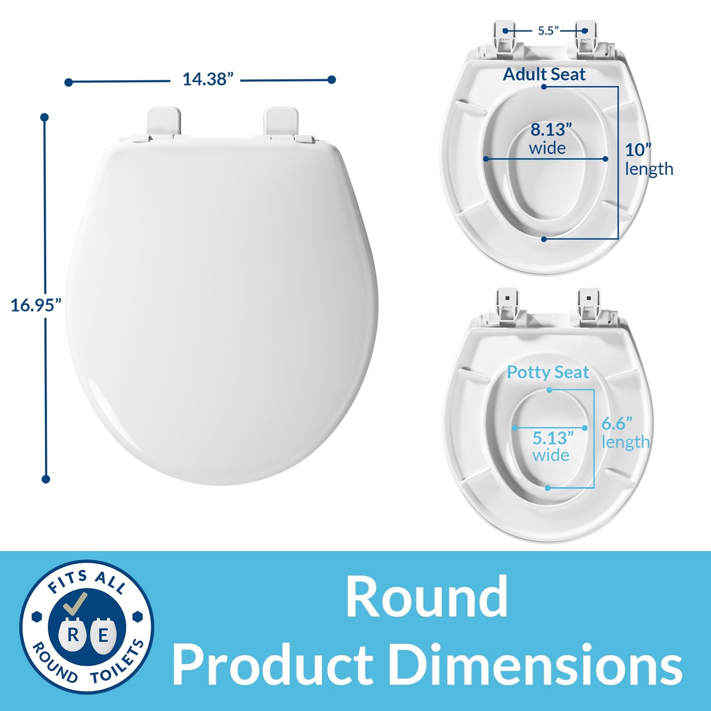 Little2Big Toilet Seat with Built-In Potty Training Seat, Slow Close, Durable Plastic, Made in USA, ROUND, White