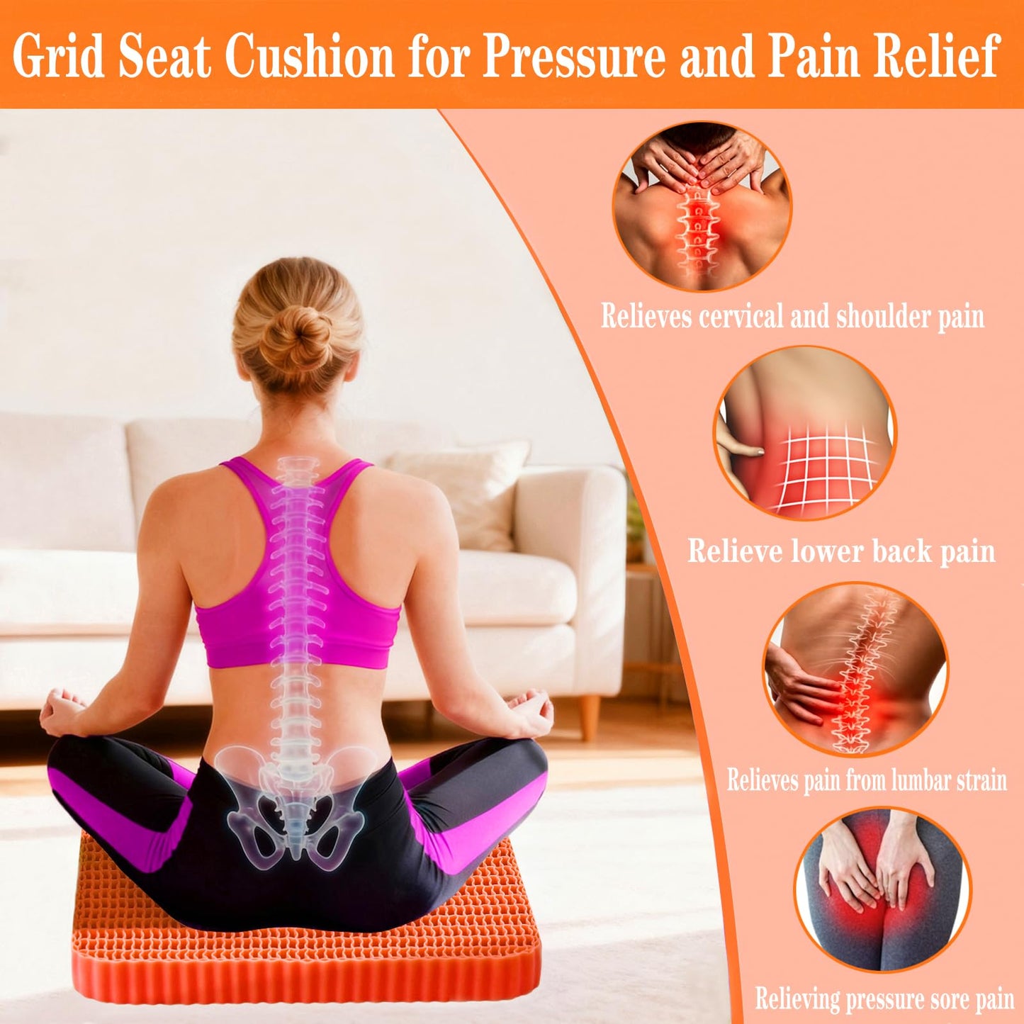 Innovative Gel Seat Cushion for Long Sitting, Breathable Grid Seat Cushion, Soft Cooling Support Chair Cushion for Office, Wheelchair, Car, Gel Cushion for Back, Sciatica,Tailbone Pain Relief.(orange)