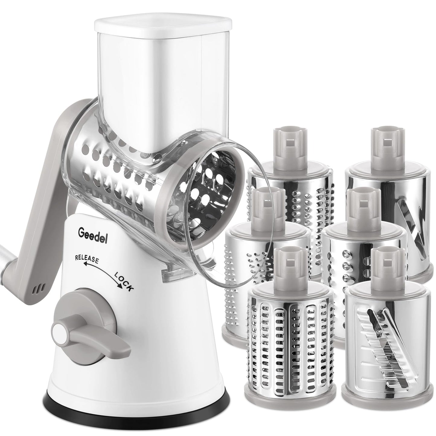 Geedel Rotary Cheese Grater Vegetable Shredder With 6 Interchangeable Blades No Slip Suction Base, Mandoline Slicer & Food Chopper for Cheese, Ice, Nuts, Vegetables, Veggie