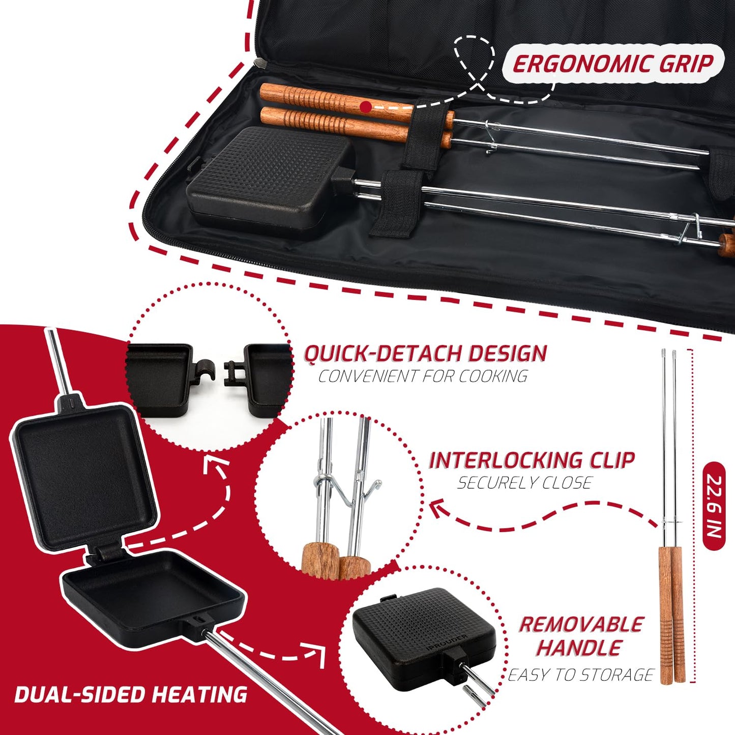 IPROUDER Campfire Pie Iron 4.9" Large Cast Iron Sandwich Maker for Camping 2 Pcs with Storage Bag - 22.6 inch Thickened Handles - Campfire Cooking Equipment for Grilling & Outdoor Cooking