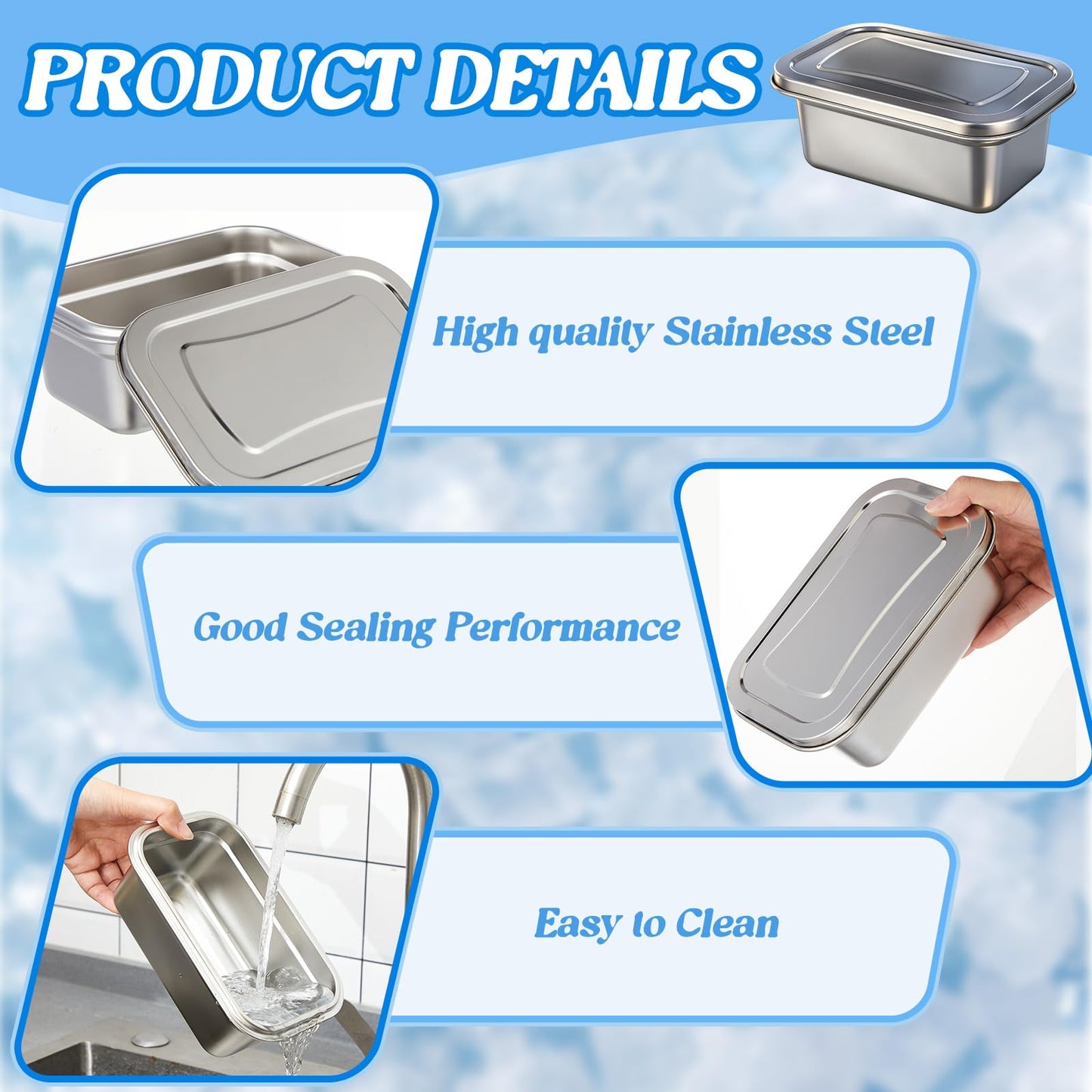 Singhoow 3 Pcs Reusable Stainless Steel Ice Cream Storage Containers with Lids 1.2 Quart Homemade Ice Cream Freezer Storage Ideal for Kitchen Use, Fruit, Freezer 7.6 x 4.9 x 2.8 Inch