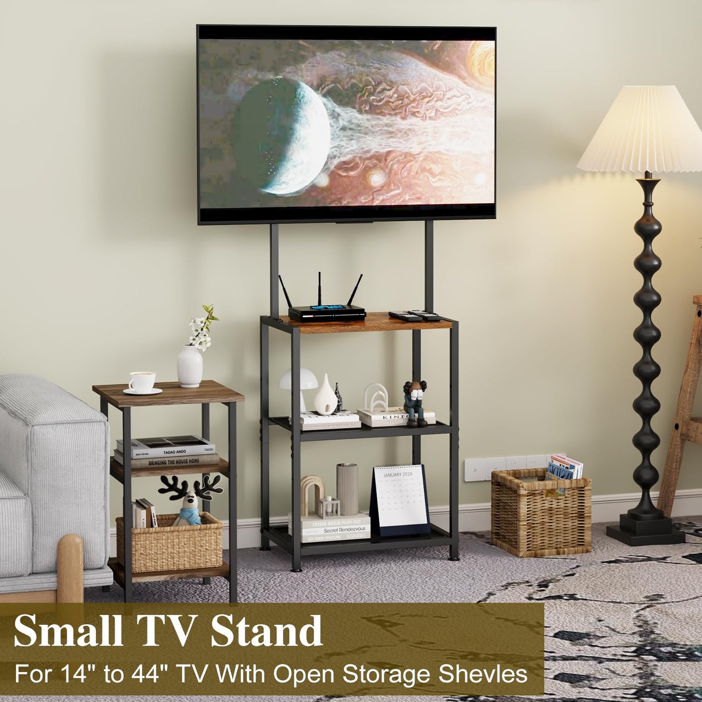 14 Inch to 42 Inch Small Corner TV Stand for Bedroom With 3 Tiers Storage Shelves, Floor Universal Television Stand With Mount For 40 Inch 32 Inch TV,Brown TV Table Shelf With Adjustable Feet, Sturdy