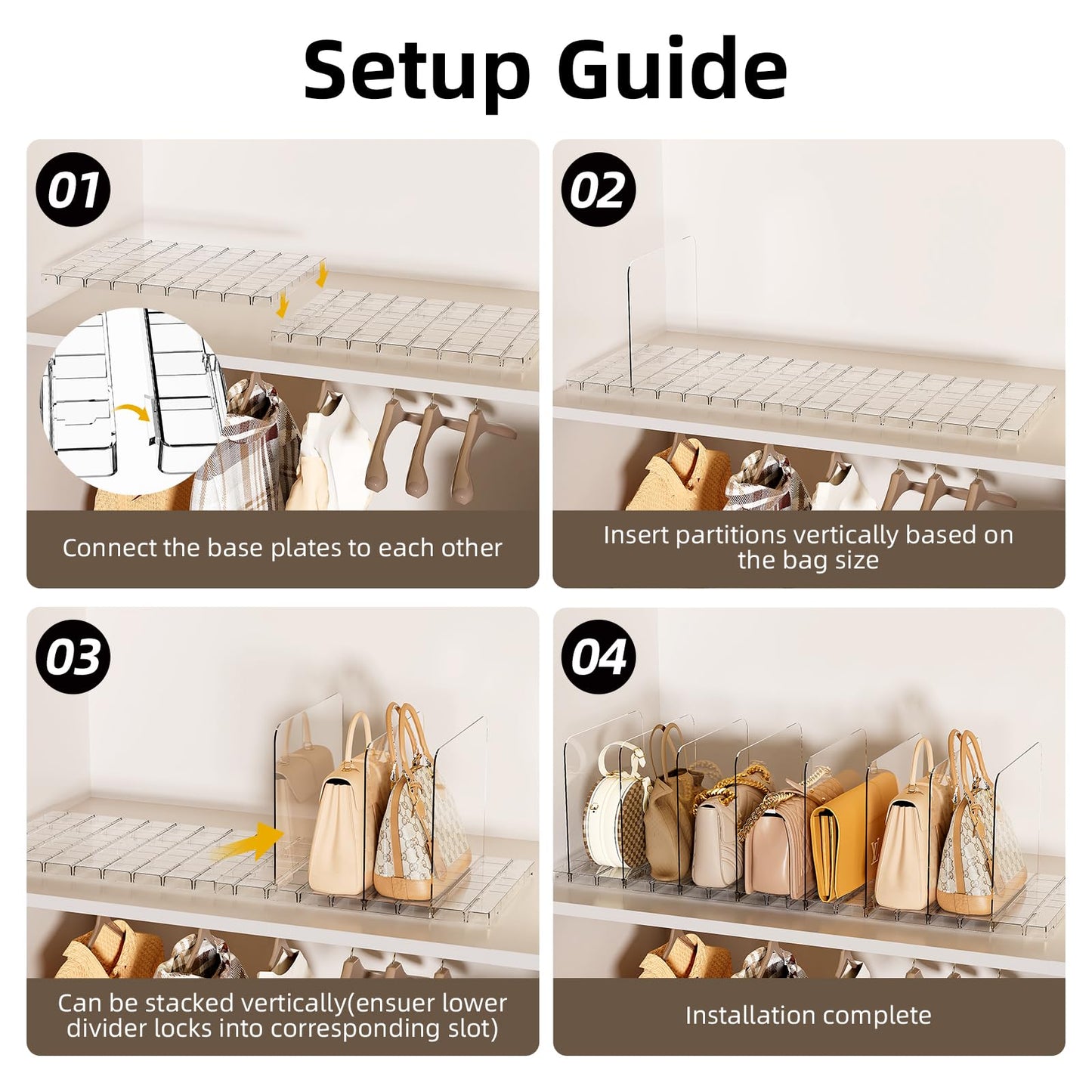 MSHOMELY Stackable Bag & Purse Organizer for Closet Acrylic Shelf Dividers for Closet Organization, Clear Handbag Purse Storage Organizer Divider, Keep Clutch, Wallet, Pocketbook Upright, 6 Pack