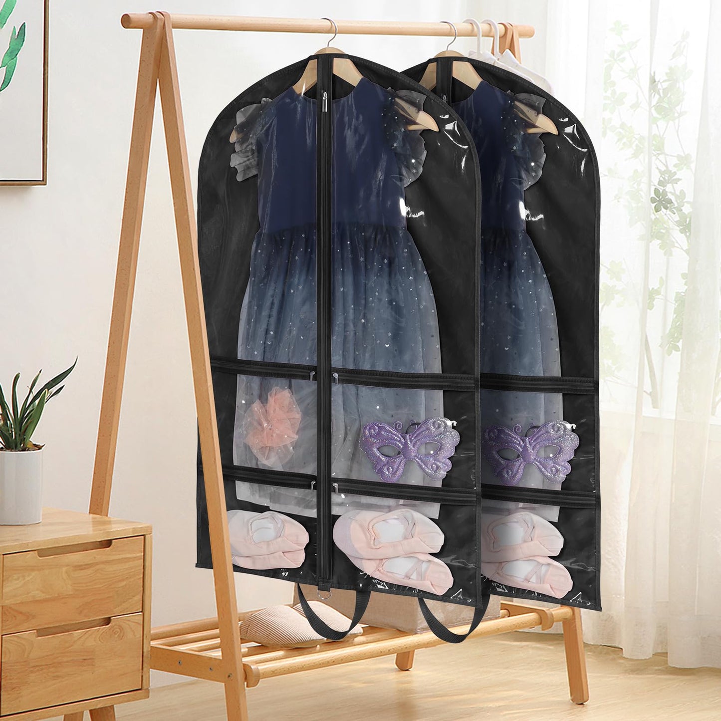 KEEGH Clear Garment Bags for Dance Costumes 40 inch Dance Garment Bags for Dancers Hanging Clothes for Closet Storage, with 4 Zipper Pockets for Dance Competitions, Ballet, Theatre, 6 Pack, Black