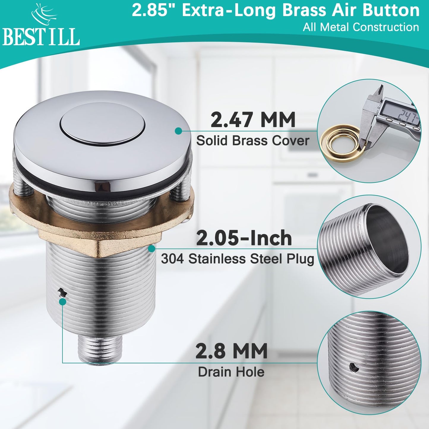 BESTILL Garbage Disposal Air Switch Kit - UL Listed, All Metal Sink Top On/Off Button in Chrome, Compatible with Kohler, Moen and Delta Faucets
