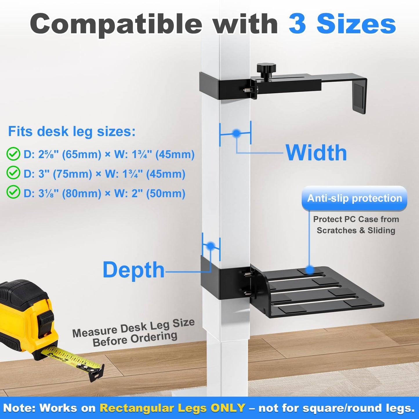 Under Desk PC Mount - No Drilling 40 lb Capacity, Fits 3 Fixed Desk Leg Sizes, CPU Holder Under Desk, Adjustable Clamp-on Desk Leg PC Mount for Standing Desk, with Non-Slip Pads, White