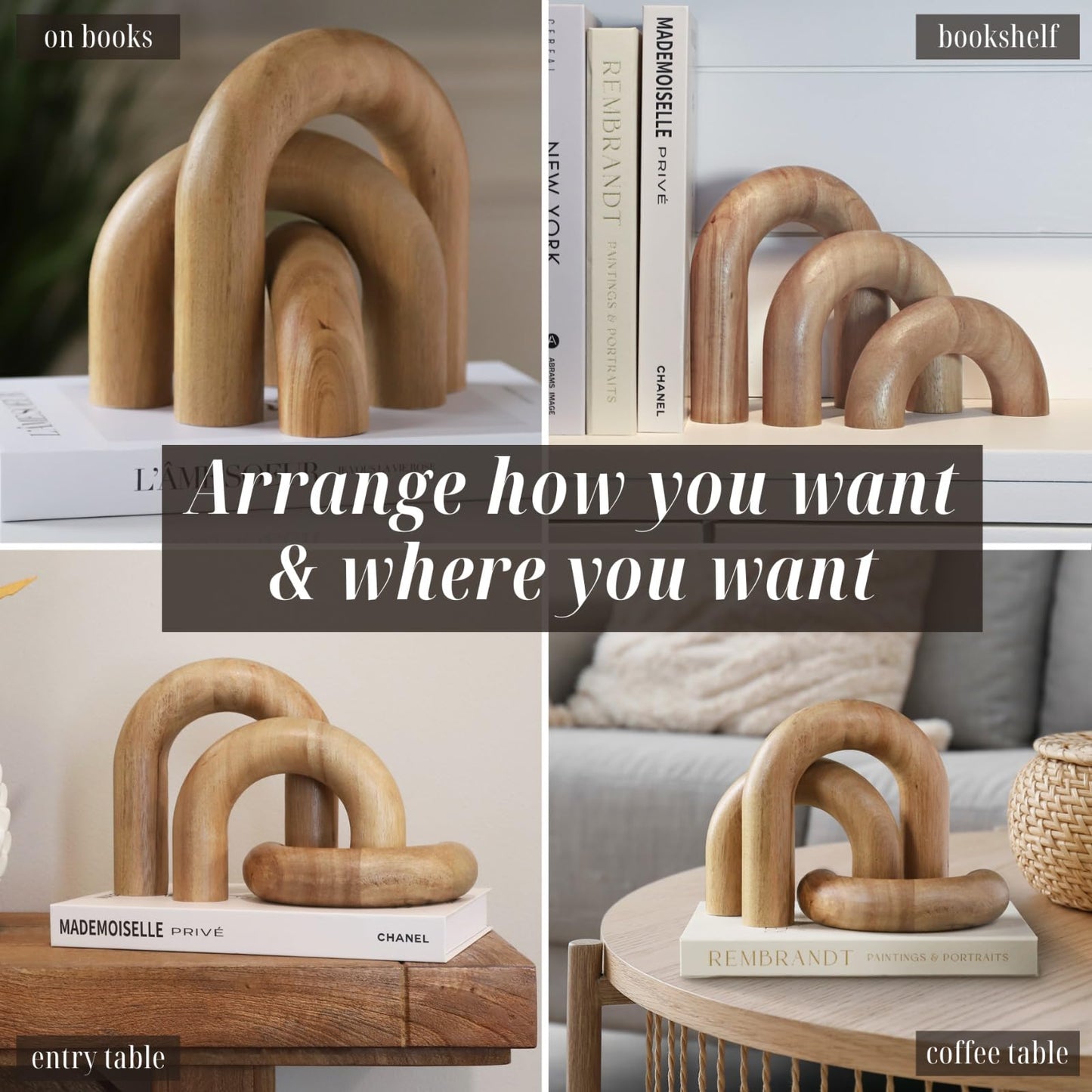 Product Elevations Wooden Arch Decor Set of 3 - Shelf Decor Aesthetic for Coffee Tables, Bookshelves, & Entryways - Acacia Wood Japandi Home Decor Accents - Modern Decorative Objects