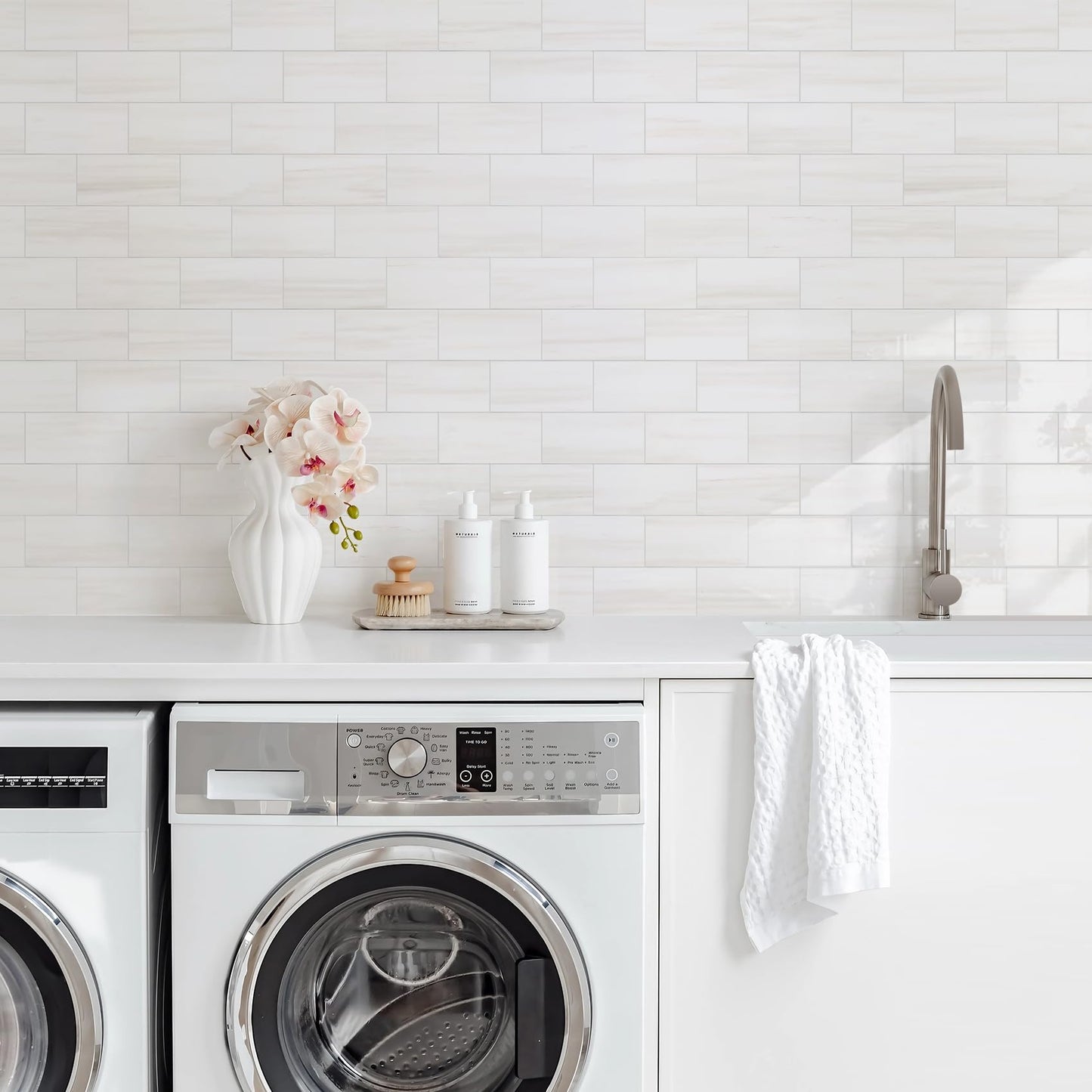 Vamos Tile 100-Piece Glossy Dolomite White Peel and Stick Backsplash Tile,3''x6'' PVC Subway Tile with White Grout, Stick on Backsplash for Kitchen/Bathroom/Fireplace