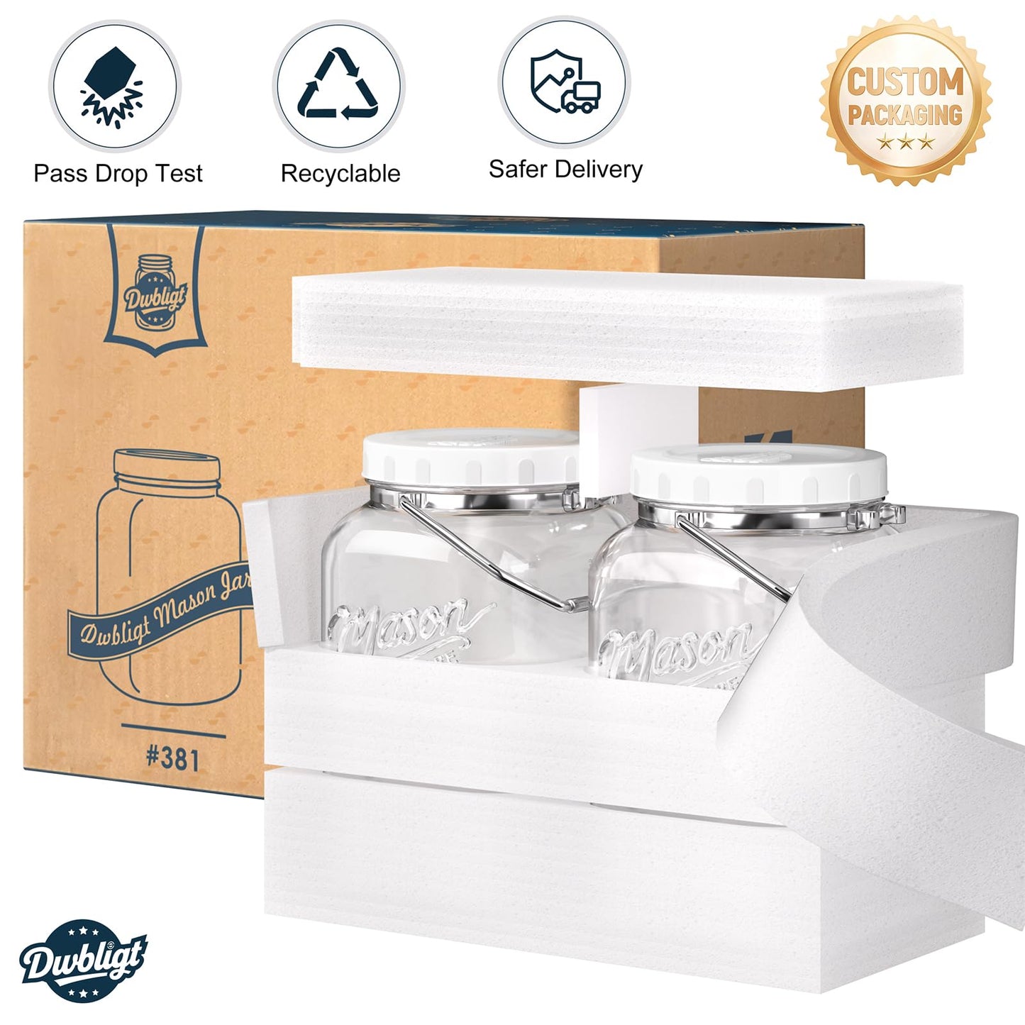 Dwbligt 2 Pack Square Wide Mouth Mason Jars, 1 Gallon Glass Jar With Airtight Lid and Scale Marks, 128 FL Oz/3785 ML Food Storage Containers with Handles & Non-slip Bases - for Flour, Rice, Pickling