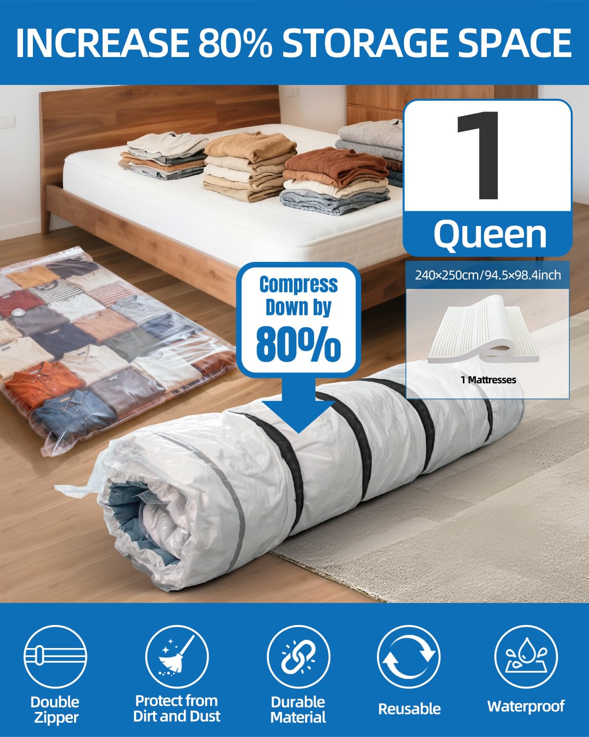 AirBaker Mattress Vacuum Bag for Moving,Mattress Vacuum Seal Bag with Straps, Heavy Duty Mattress Storage Bag(1 Queen/Full/Full-XL)