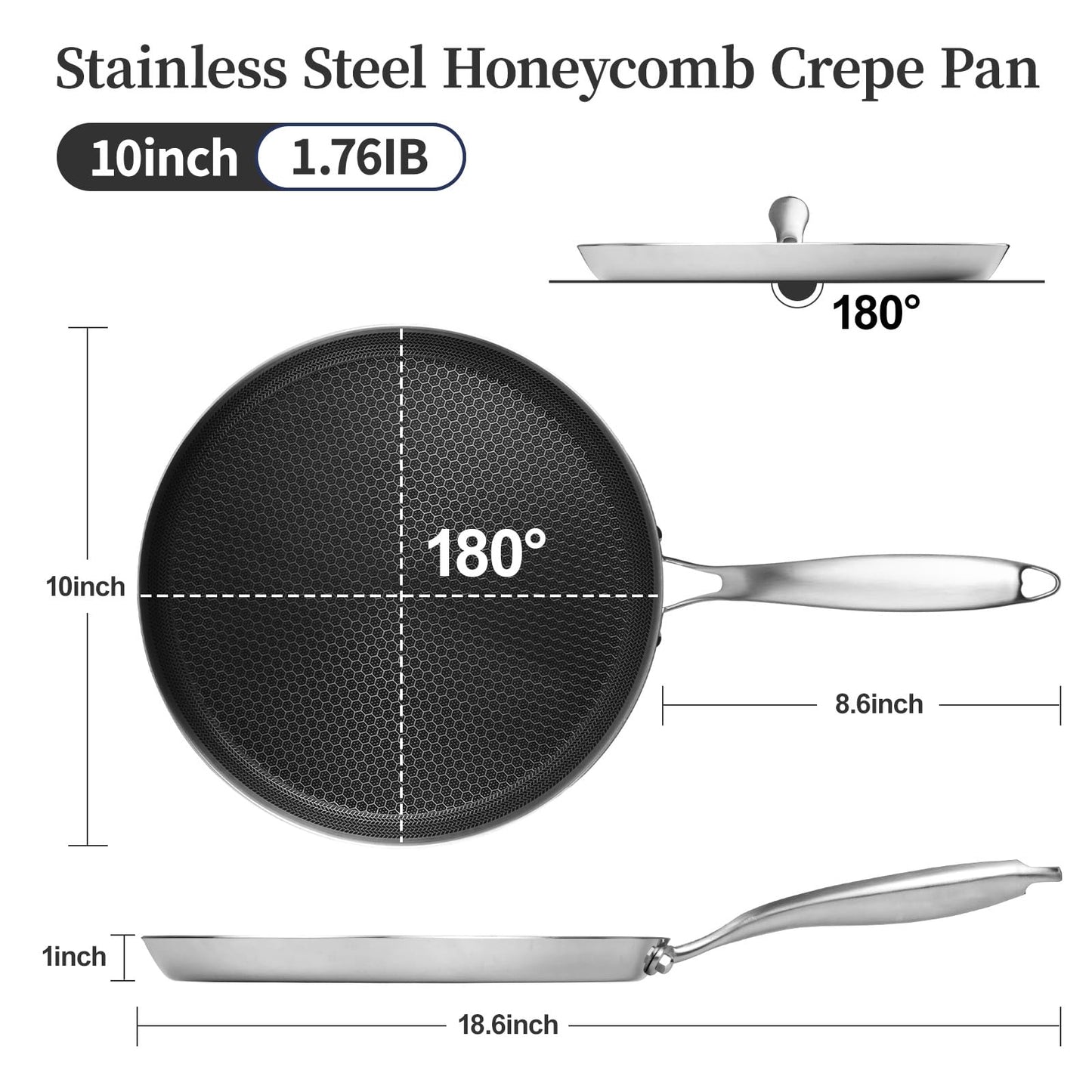 Innerwell Stainless Steel Crepe Pan - 10 Inch Nonstick Crepe Pan, Stainless Steel Honeycomb Coating Pancake Pan, Non Stick Flat Skillet Tawa Dosa Tortilla Griddle Pan, Induction Compatible, PFOA Free
