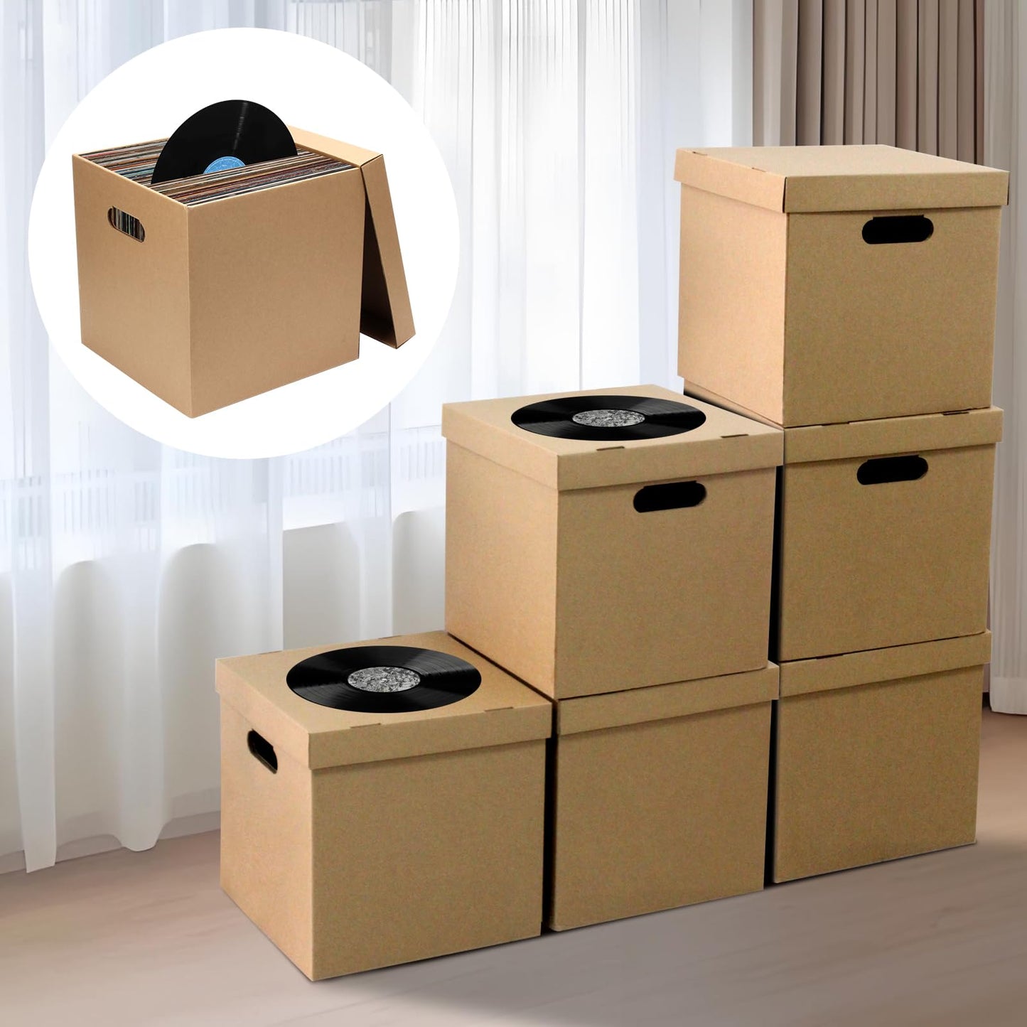DIICCYO 5 Pcs 12'' Cardboard Vinyl Record Storage Box, Moving Box with Double Thickness Handles and Lids Record Album Storage Crate, Cardboard Crate for Album Vinyl Storage
