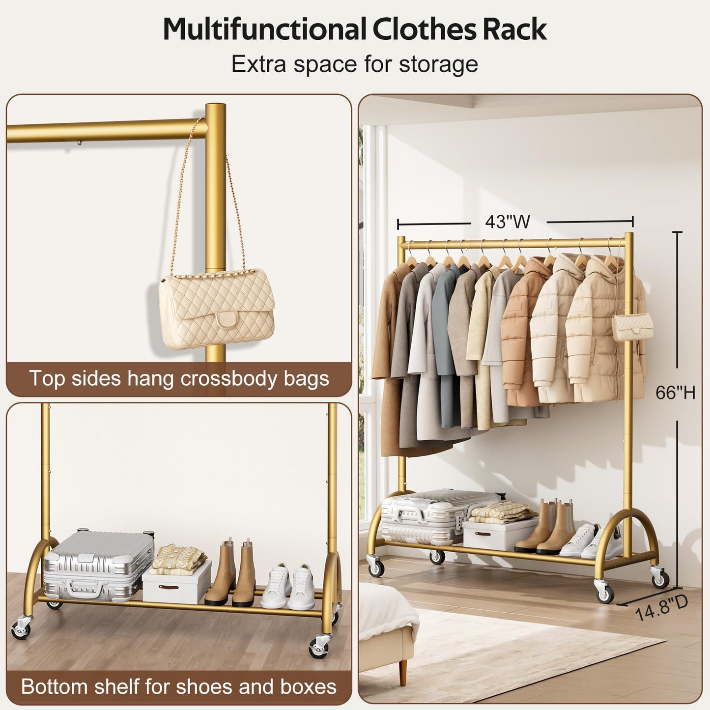 MISSLO Heavy Duty Clothing Rack with Wheels Rolling Clothes Racks for Hanging Clothes, Coats, Garment, Dress, Gold