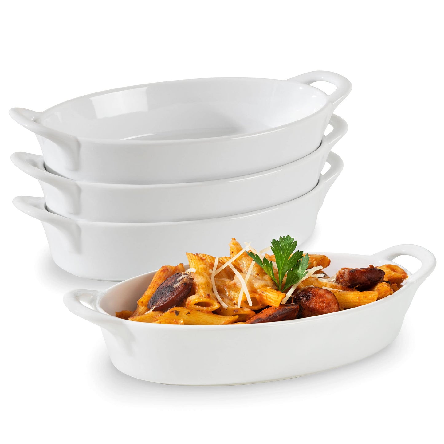 Oval Au Gratin Baking Dishes for Oven Safe and Microwave Cooking and Baking, 4 Pc. Set, Heat Resistant Ceramic with Handles for Serving, Small Mini Casserole Dish, 8" x 5", 16 oz, White
