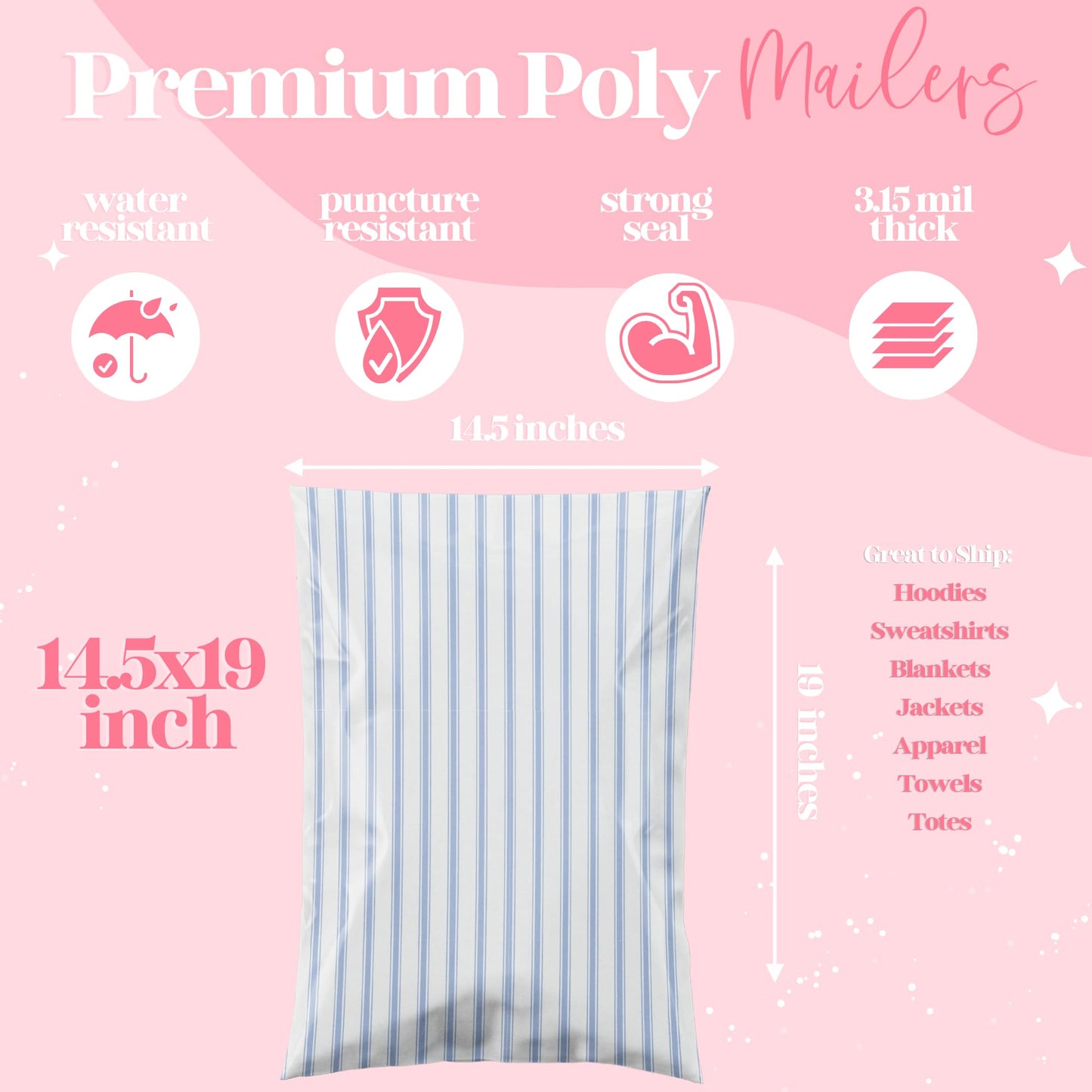 Pretty Package Store 14.5x19 Designer Poly Mailer 100 Pack Heavy Duty Waterproof Self Seal Shipping Bags for Small Business Large Mailing Envelopes Bulk Tear Resistant Packaging Blue Stripe
