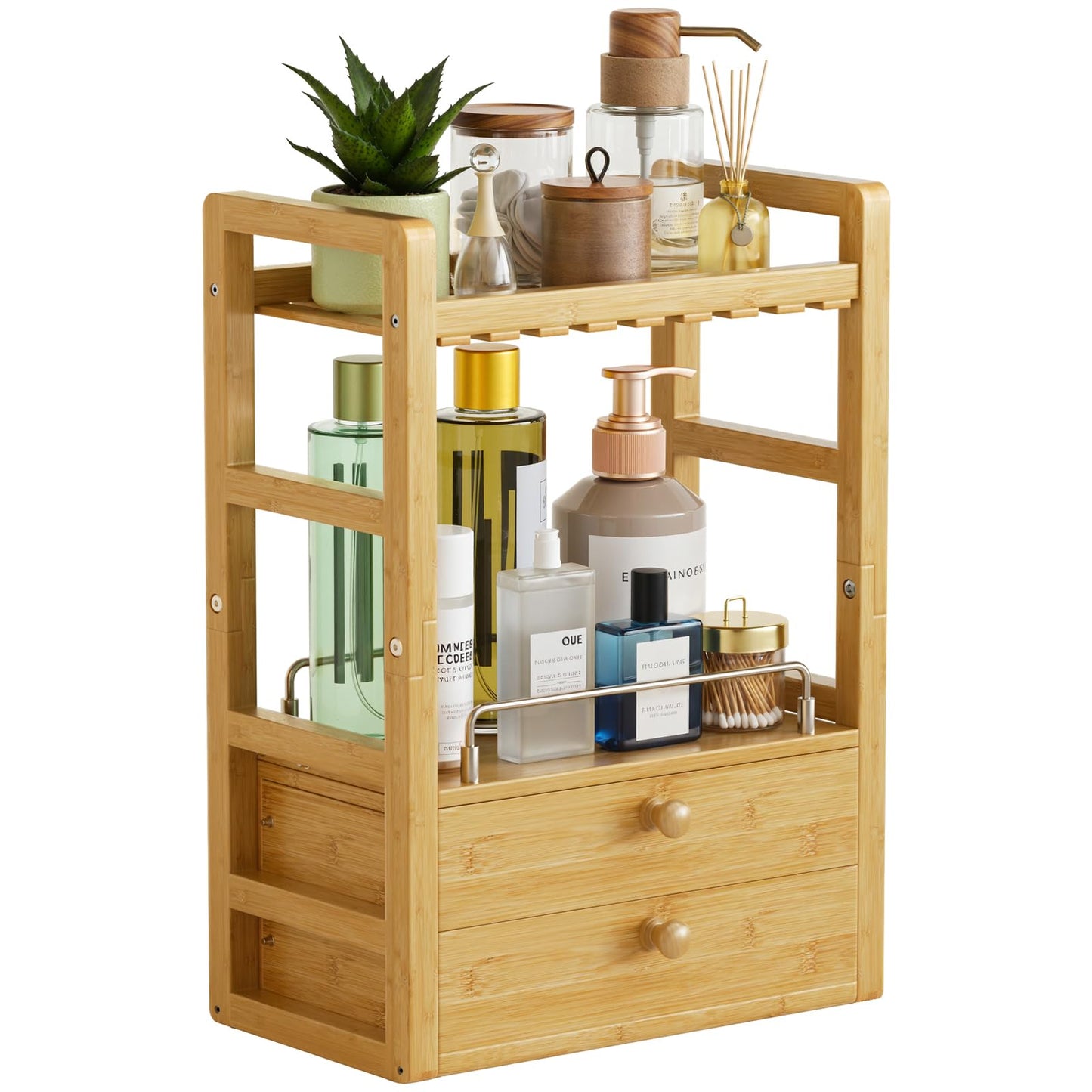 AmazerBath Bamboo Bathroom Countertop Organizer, 2-Tier Makeup Organizer with 2 Drawers, Vanity Organizer Storage Coffee Matcha Station, Compact Shelf for Bathroom Kitchen Office