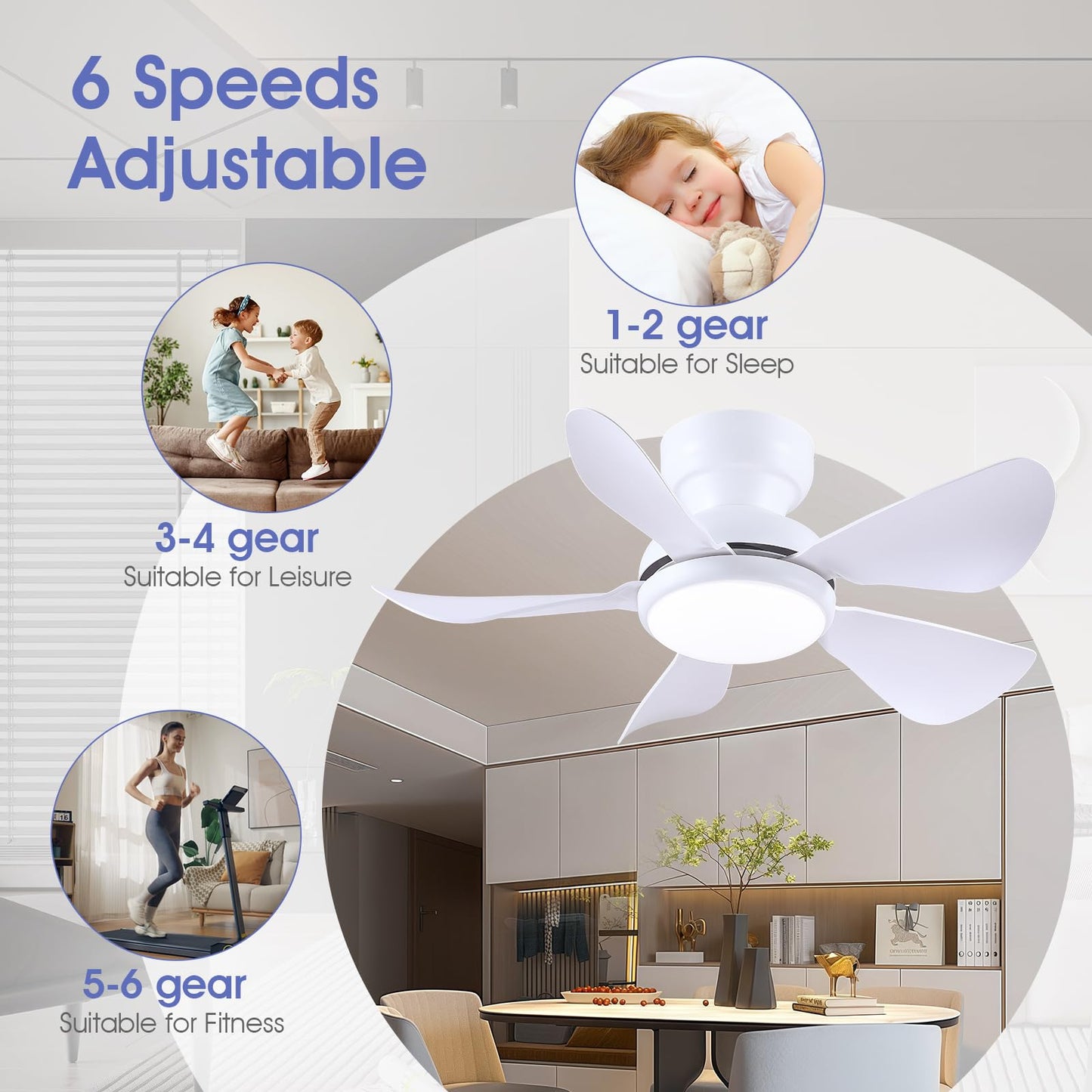 Kviflon 32 Inch Modern Ceiling Fans with Lights, Small Flush Mount Ceiling Fan with Light and Remote/APP Control, 5 Reversible 6 Speeds Curved Blades, 3 CCT Dimmable Lights for Kids Room, White