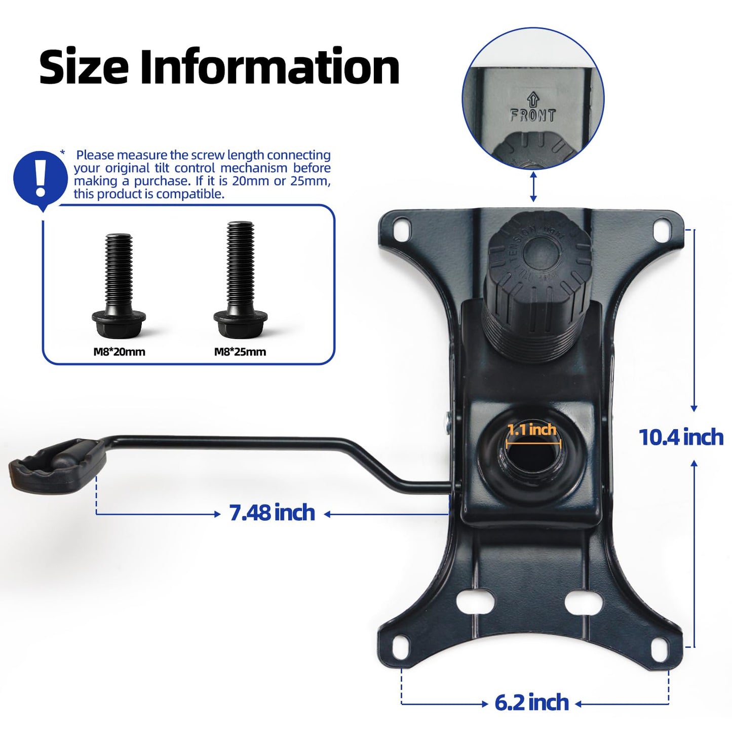 Sytopia Heavy Duty 500lbs Office Chair Replacement Parts, Swivel Tilt Control Mechanism with 6.2" (W) x 10.4" (L) Mounting Holes, Chair Base for Executive and Gaming Chairs, Black