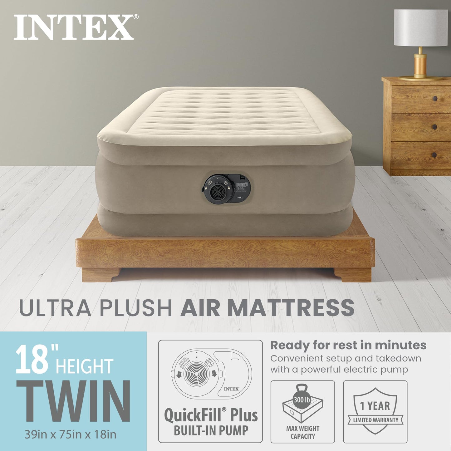 Intex Dura-Beam Deluxe Ultra Plush Air Mattress : Fiber-Tech – Built-in Electric Pump – 18in Bed Height – 300lb Weight Capacity – Twin Size