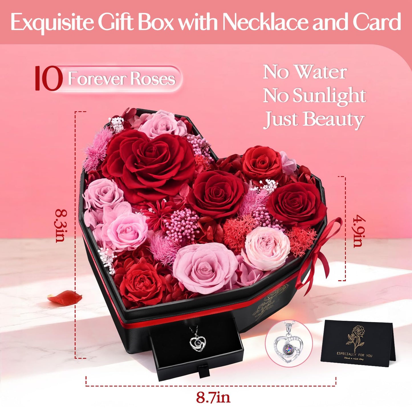 MARTINE MALL Forever Flowers for Delivery, Mothers Day Birthday Gifts for Women Mom 10 Preserved Real Roses in a Box Gifts for Girlfriend Wife Grandma Lasting Eternal Flowers with Necklace, Red