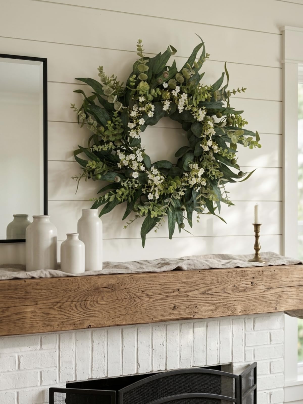 26" Eucalyptus Wreath for Front Door, Full Greenery Wreath with Baby’s Breath, Farmhouse Door Wreath, Year Round Spring Summer Wreath, Indoor Outdoor Home Decor