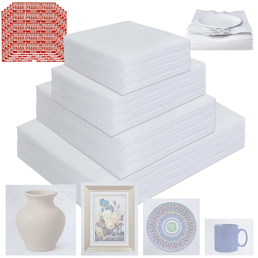 350 Pcs Dish Packing Supplies for Moving, 250 Cushion Foam Pouches(4 Sizes 16x12'',12x12'',12x8'',8x8'') and Foam Sheets(12x12'') with 100 Fragile Stickers for Packing,Storage,Shipping