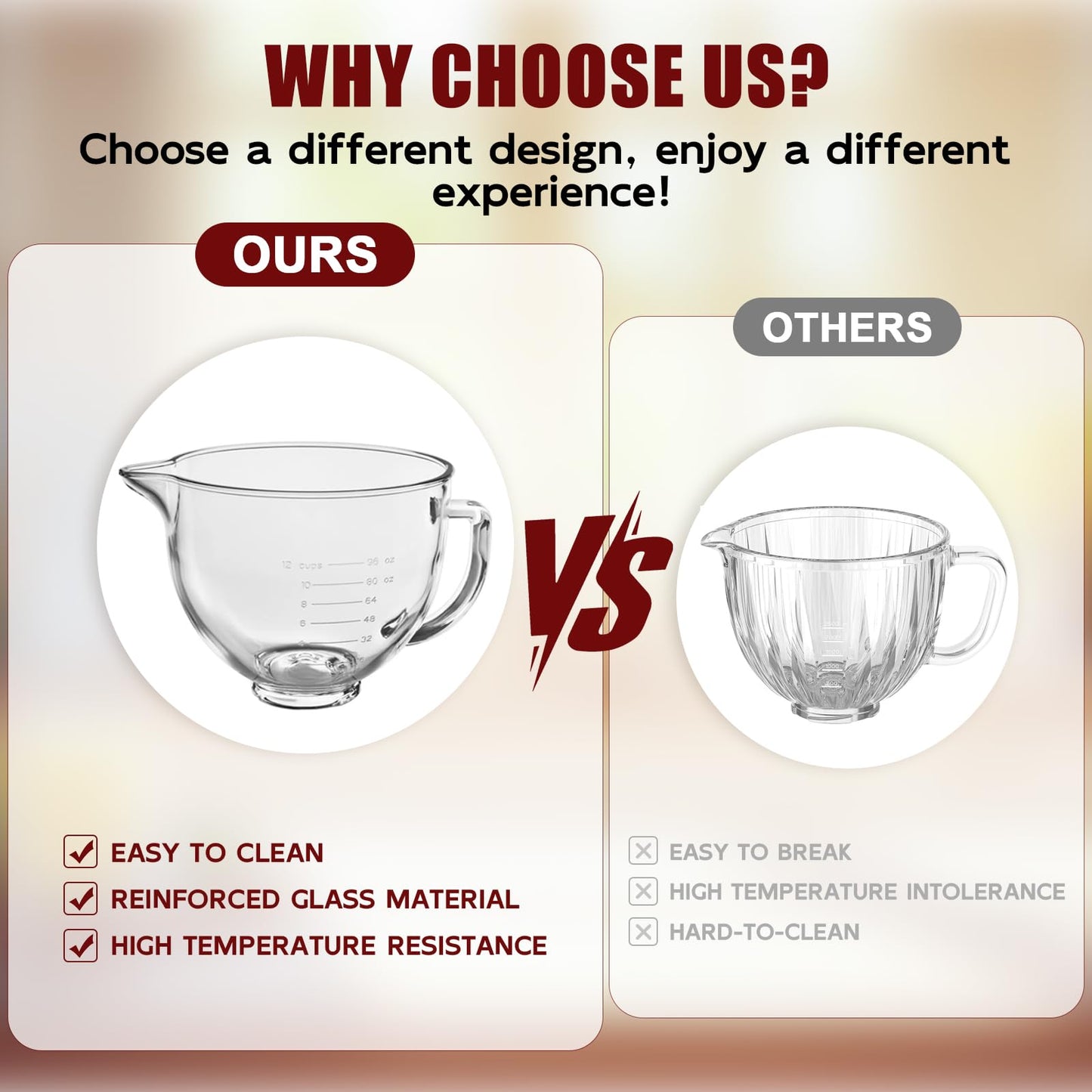 Double-layer Thickened Glass Mixer Bowl For Kitchenaid Tilt-Head Stand Mixers 4.5-5 Quart, 5Qt Mixing Bowl Replacement For Kitchenaid with Measurement Markings & Handle