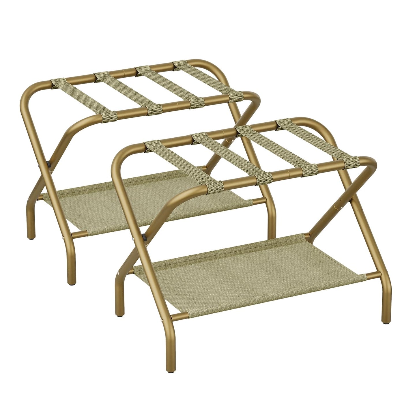 Smart FENDEE Set of 2 Luggage Rack for Guest Room, Folding Suitcase Stand with Shoe Shelf, Easy Assembly, Portable, Hold up to 110 lb, Gold