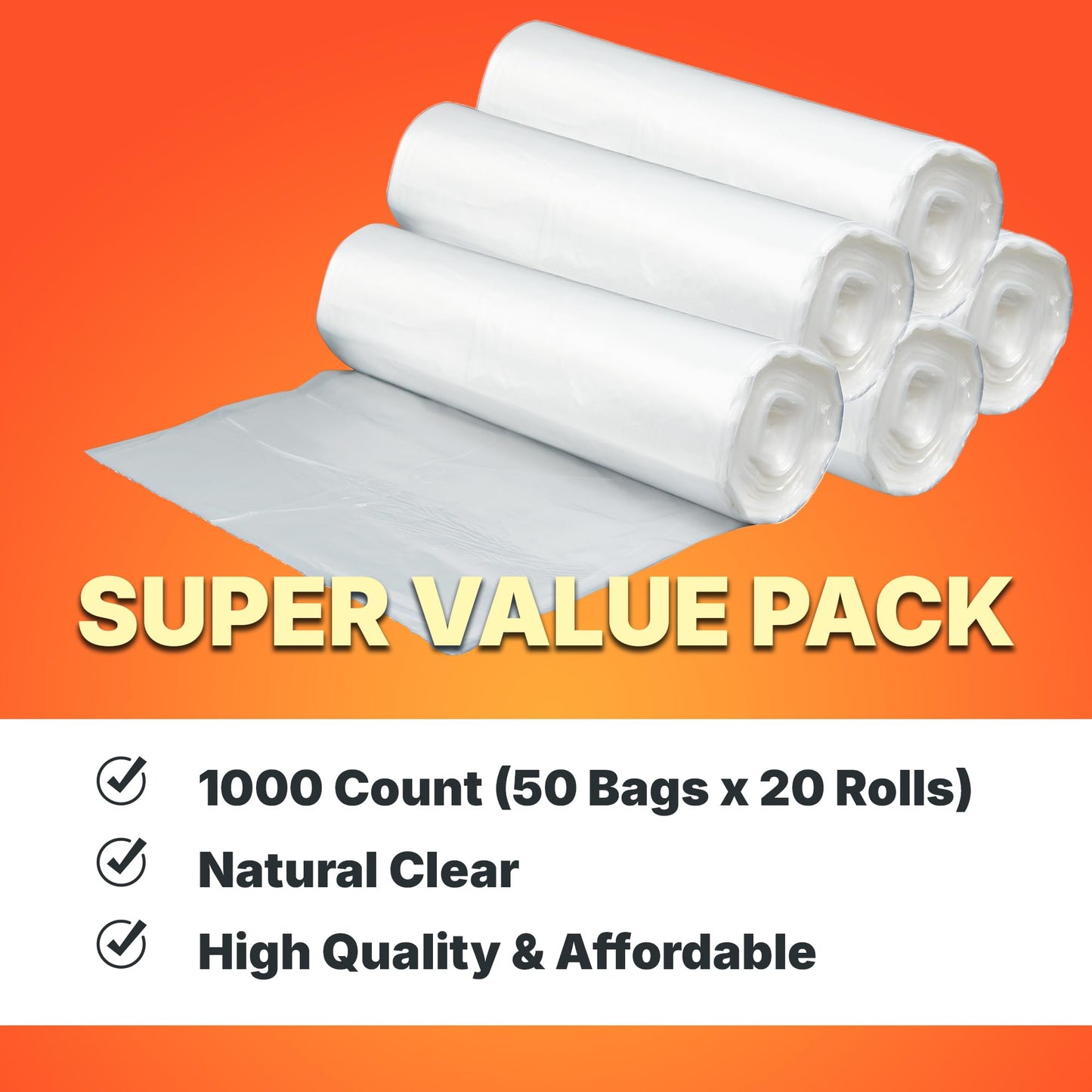 Bagtron 12-16 Gallon Trash Bags, 8 Micron High Density Garbage Can Liners Bulk, 24" x 33", Natural Clear, 1000 Count