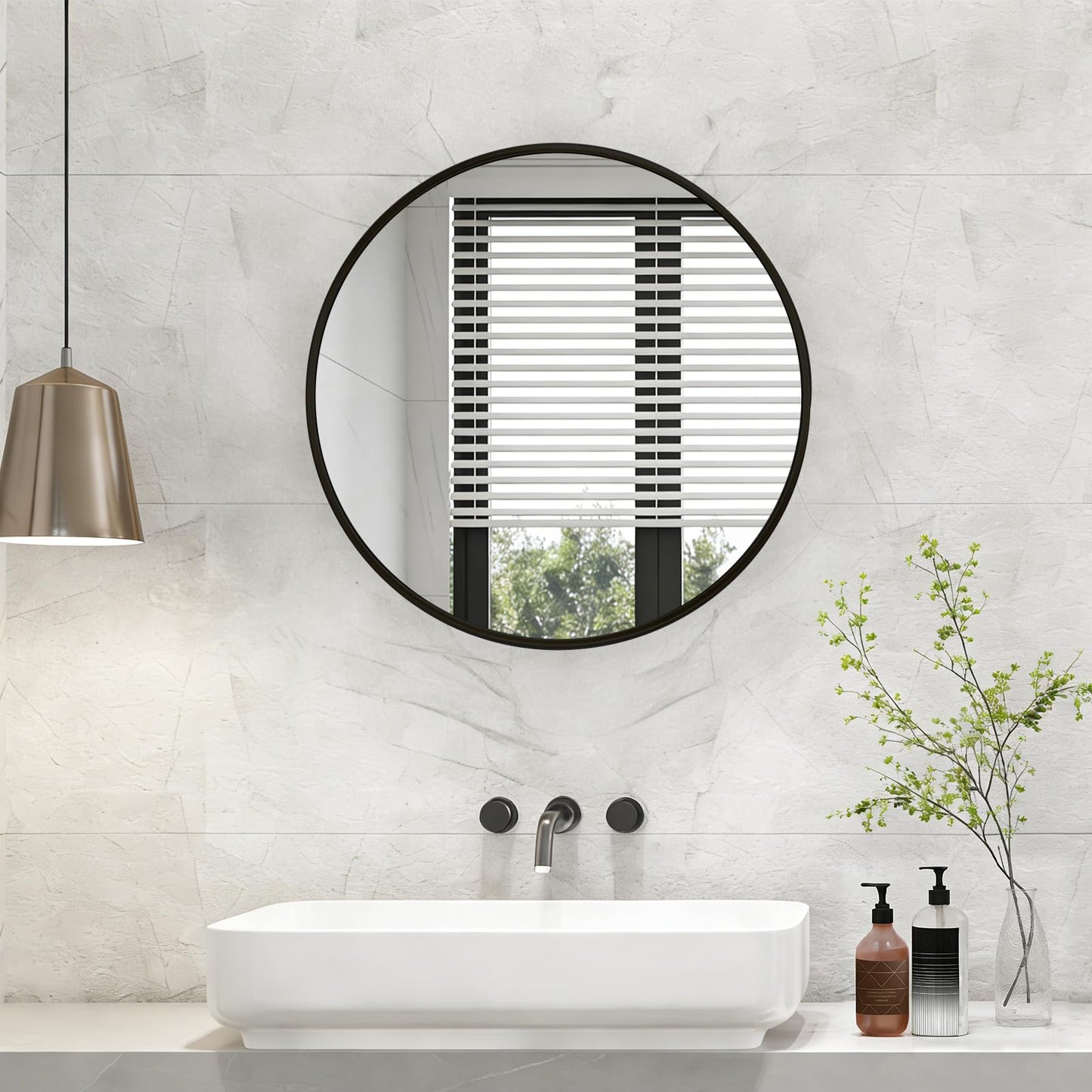 NEWBULIG Round Bathroom Mirror 24", Wall Mirror with Aluminum Alloy Thin Frame, Bathroom Mirrors for Over Sink, Bedroom, Living Room, Entryway, Black