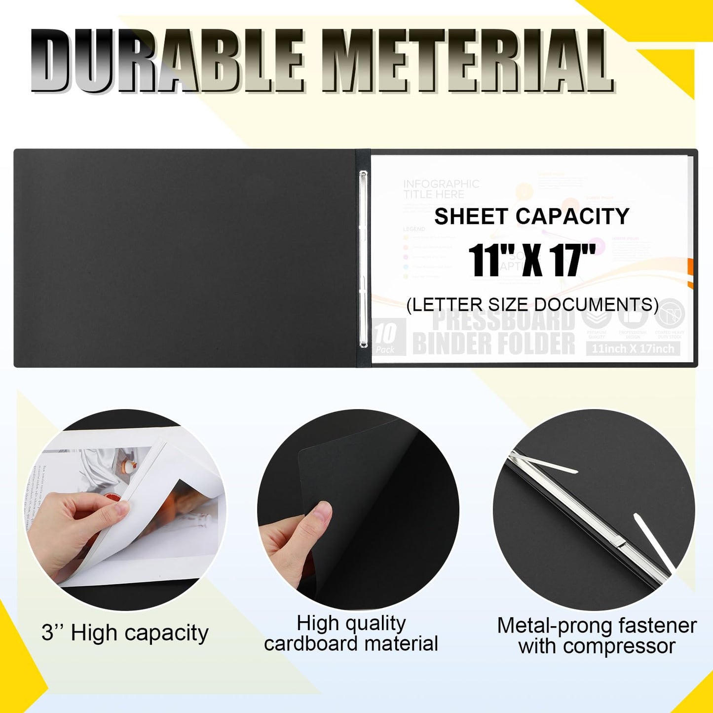 Resurhang 10 Pcs 11x17 Inch Pressboard Report Cover, 3" Capacity Presentation Binder Folder with Metal Prong Paper Fastener to Neatly Bind Reports Proposals Transcripts, Other Documents (Black)