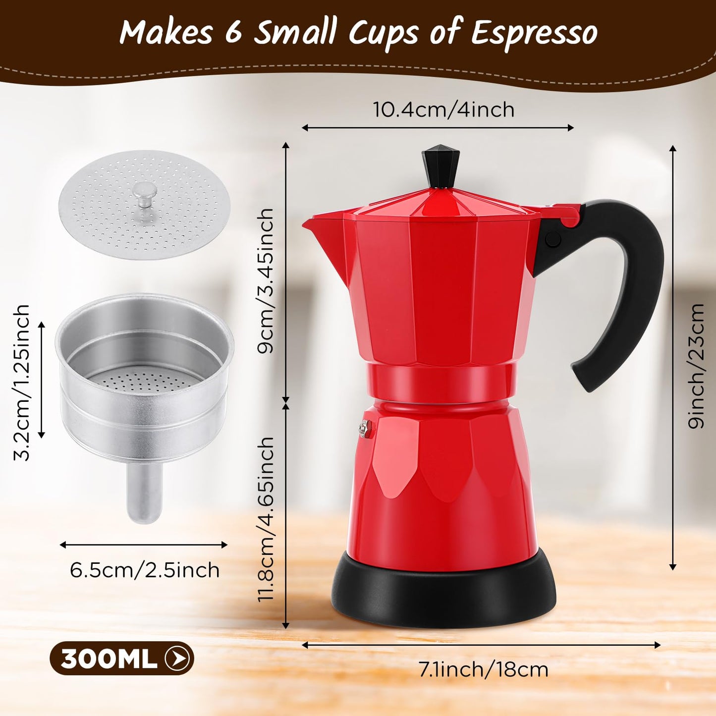 Lemosae Coffee Pot 6 Cup Electric Espresso Coffee Maker Italian Moka Maker 300ml Portable Aluminum Espresso Machine Cafetera Moka Pot with Detachable Base, Gift for Home Travel(Red)
