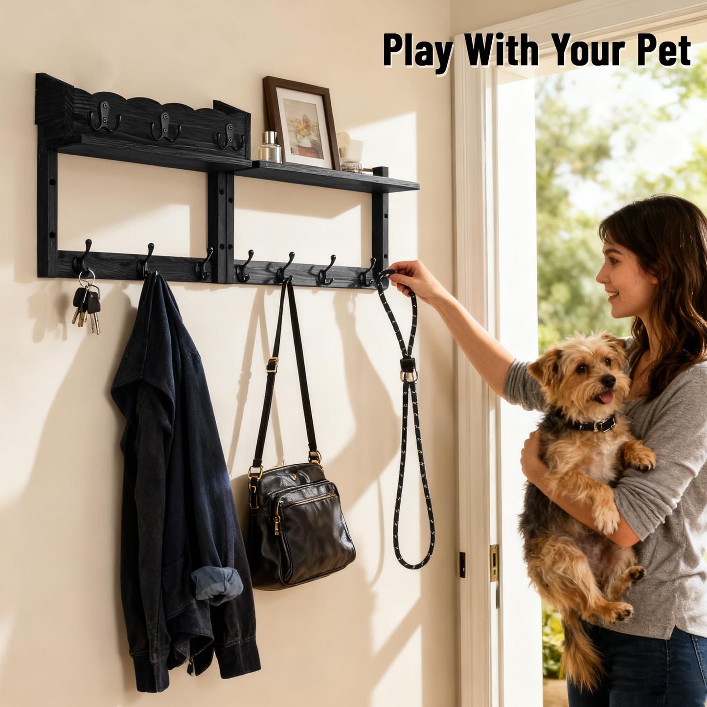 Dellicasi 28" Coat Rack Wall Mount with Shelf, Entryway Key Holder Wall Mount Wood Wall Coat Hooks with 7 Hooks 3 Key Hanger, Wall Mounted Coat Rack Mail Holder for Living Room, Bedroom