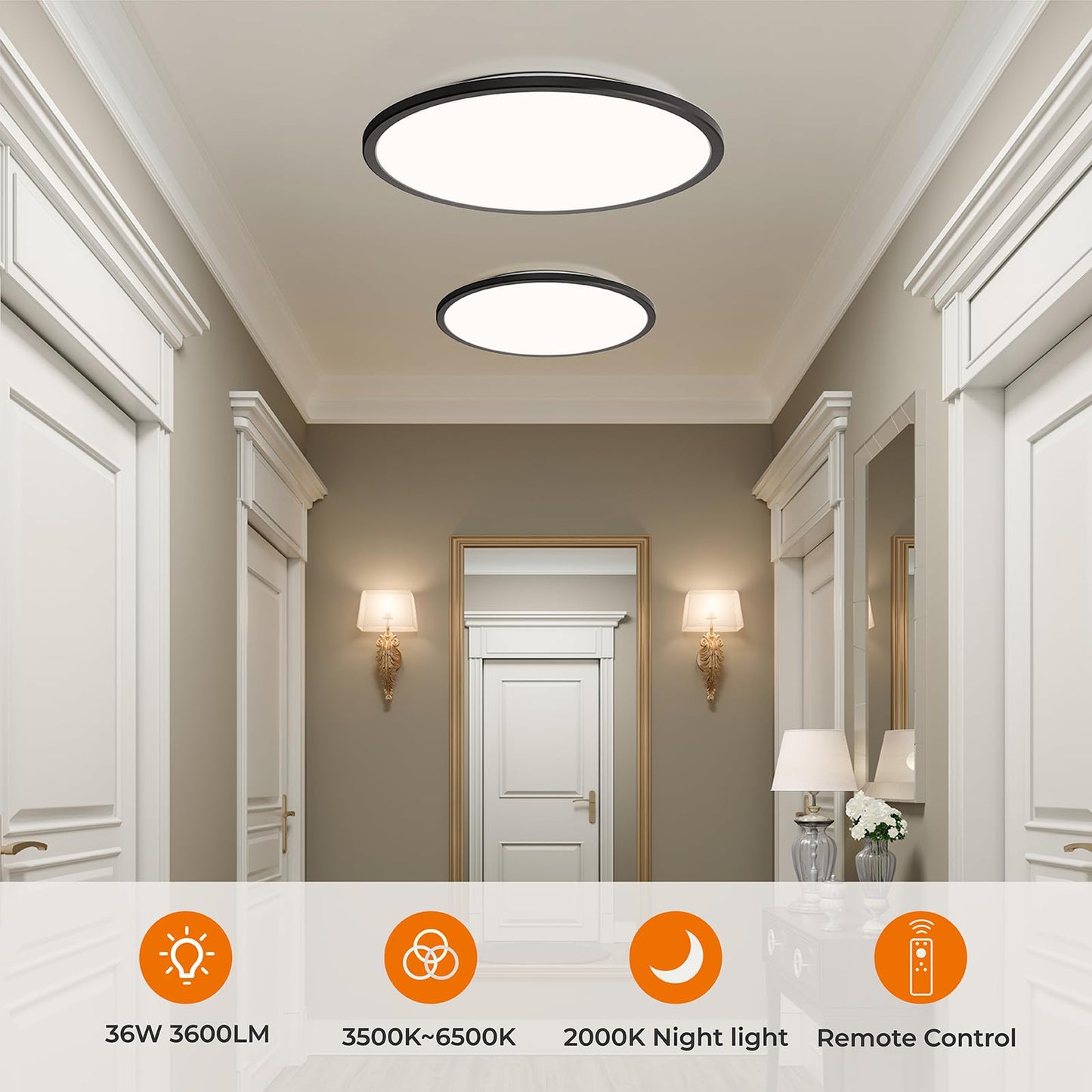 Matane 15.4in LED Flush Mount Ceiling Light Fixture with Remote, 2000K Warm Nightlight, Dimmable 3000K-6500K Low Profile Ceiling Lights for Bedroom, Living Room, 3600LM Black