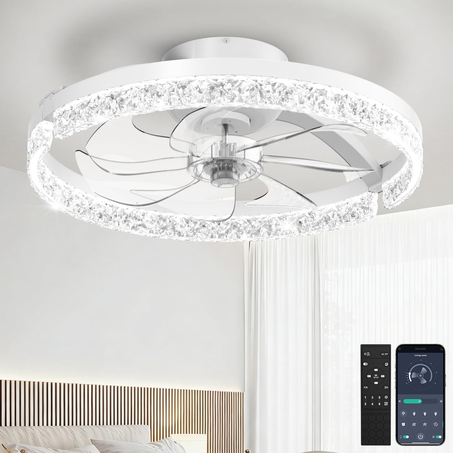 Aphyni Ceiling Fans with Lights and Remote, Low Profile Ceiling Fan, Morden Flush Mount LED Fan Light, 3000K-6500K Dimmable for Bedroom, Kitchen, Living Room, Srystal, White