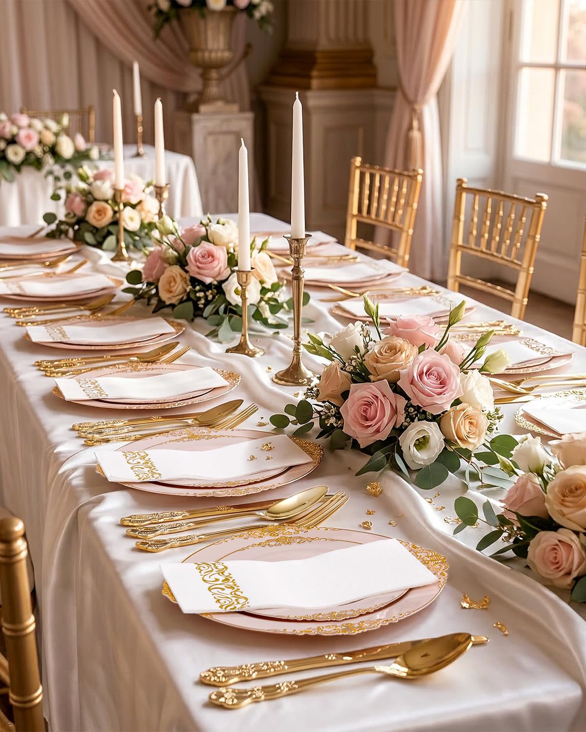 Ciaell 300PCS Pink and Gold Plastic Plates - Pink Disposable Dinnerware Sets for 50 Guests - 100 Plates, 50 Knives, 50 Forks, 50 Spoons, and 50 Napkins for Wedding, Party