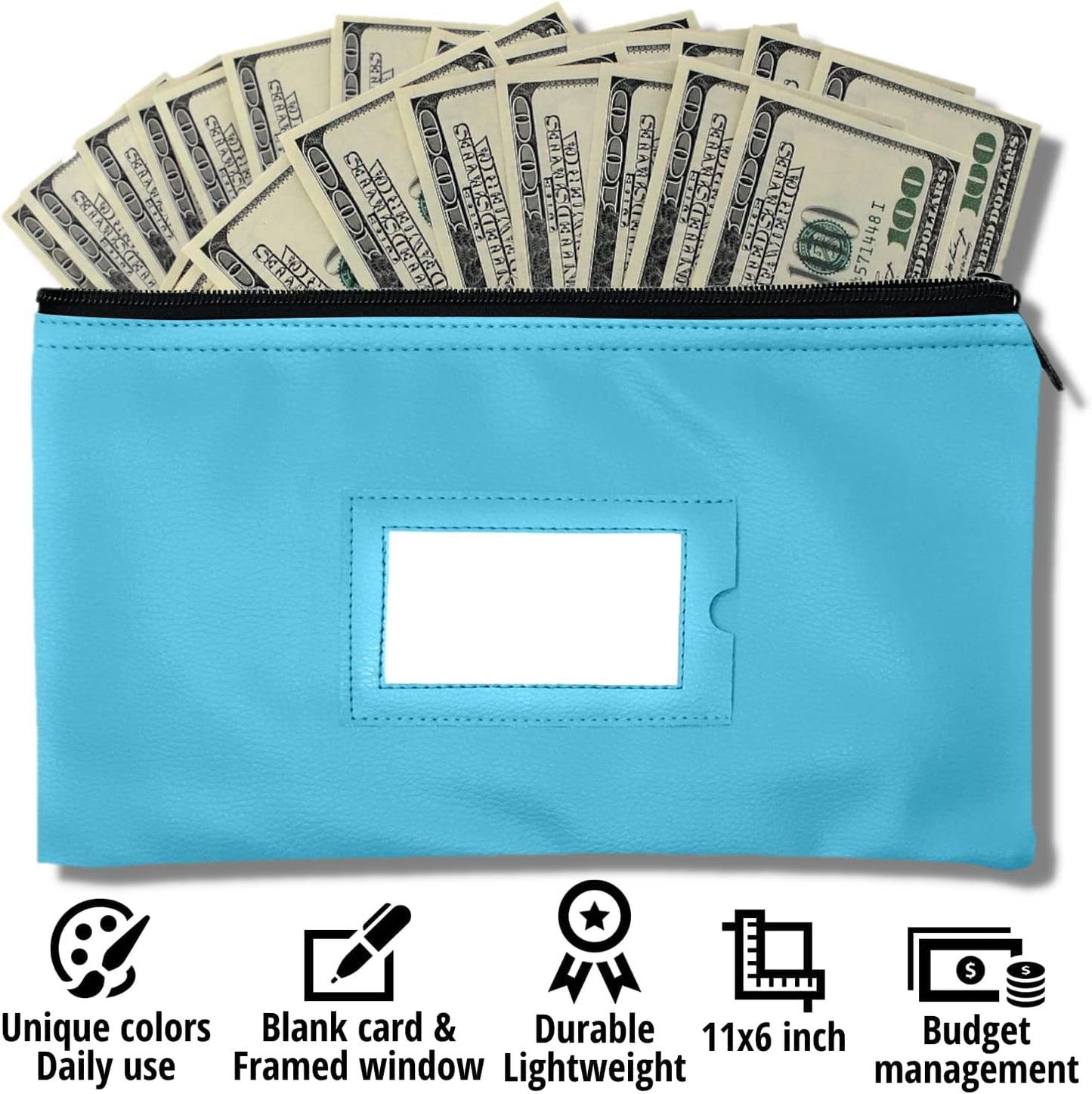 Money Bank Deposit Bag with Zipper | 11x6 inch | Light Blue | Durable Leatherette Money Cash Coin Check Wallet Pouch for Men & Women with Framed ID Window and Blank Card | by GIDABRAND (10)