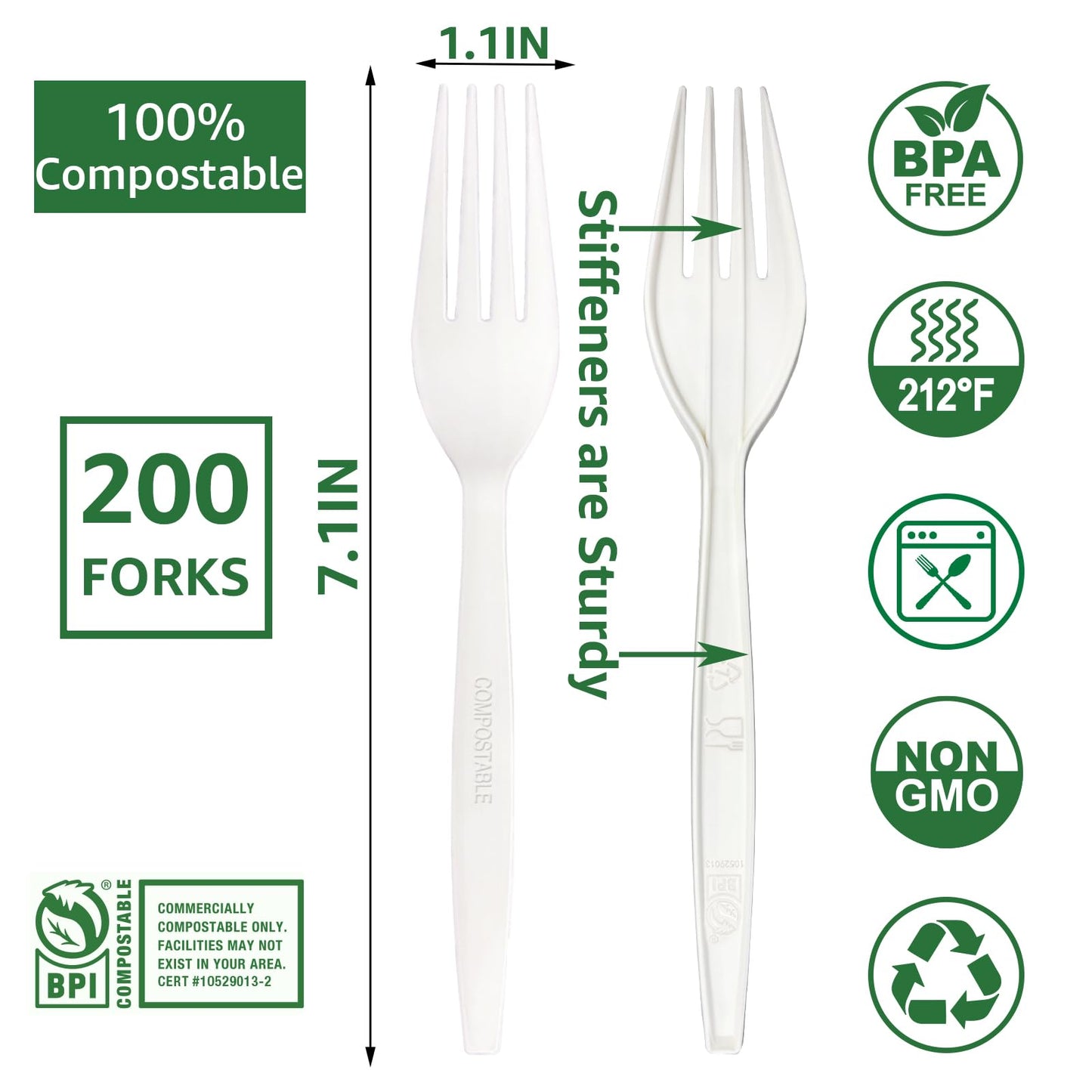 MISISIPI [7.1In 200Pcs] 100% Compostable Forks Biodegradable Forks HeavyDuty No Plastic Forks Eco-friendly HeavyWeight Disposable Forks Tableware Set for Lounge,Party,BBQ,Cafeteria,Wedding,Picnic