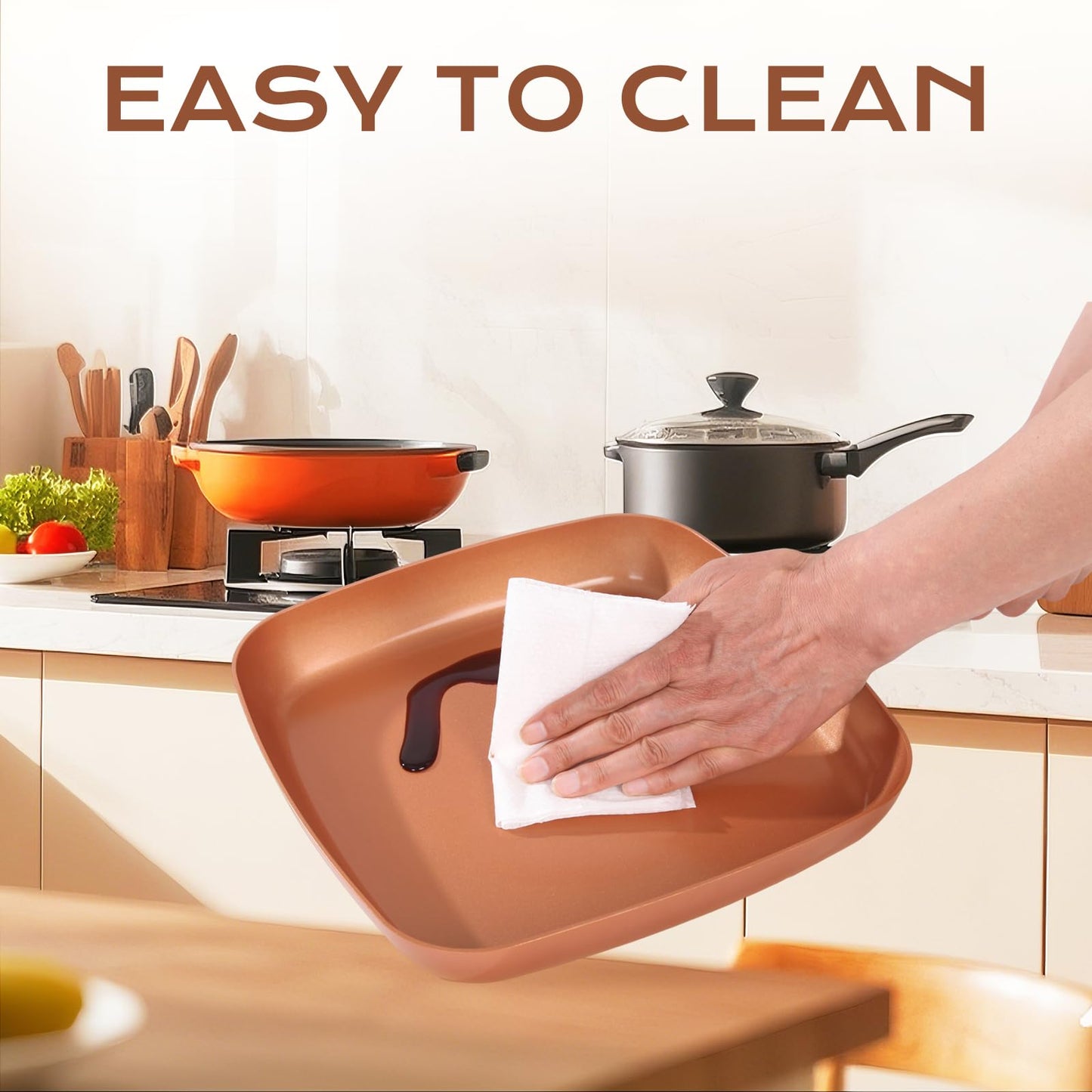 Toutrop Non-Stick Copper Square Frying Pan, 12" Chef Skillet with Ceramic Coating, Oven Dishwasher Safe, PFOA-Free, Home Use for All Stoves