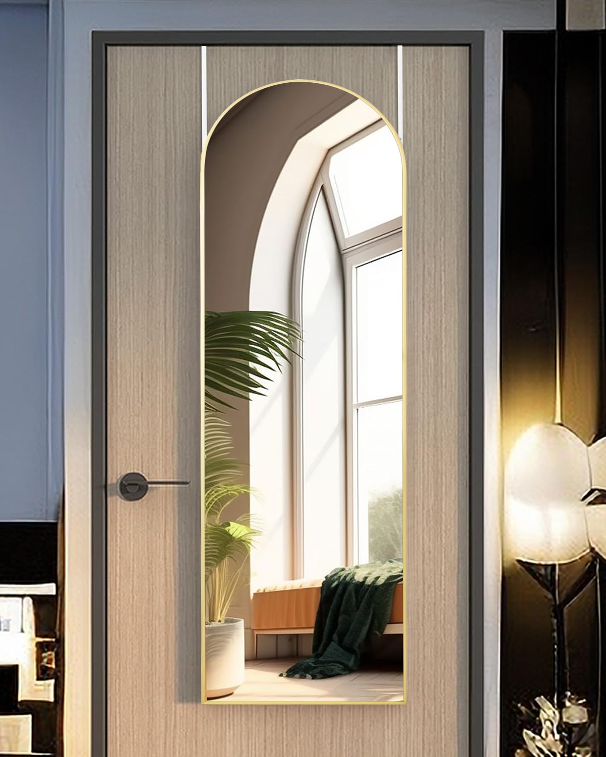 KOMCOTE Full Length Mirror 48x14 Inches - Over The Door Hanging Mirror for Bedroom, Living Room, Closet - Arch Floor Mirror, Door Mirror with Gold Frame - No Drill Easy Install