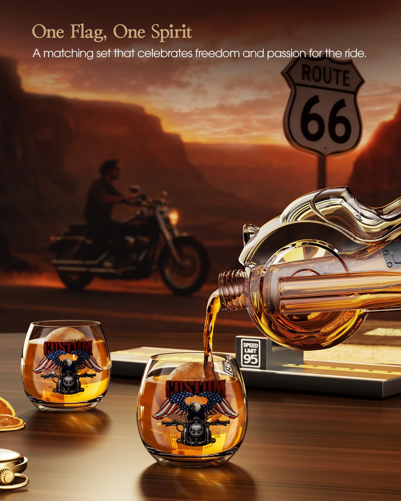 Kollea Birthday Gifts for Men Dad, Motorcycle Whiskey Decanter Set with 2 Glasses, Liquor Dispenser for Home Bar, Unique Gift for Him, Father, Boyfriend, Anniversary, Biker & Motor Lover (Flag)
