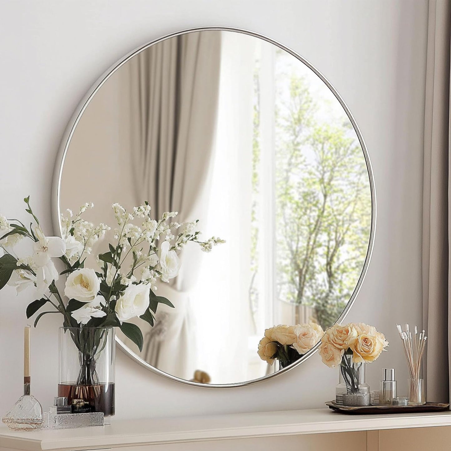 Oruii Silver Round Mirror, Round Mirror 24 inch Brushed Nickel, Circle Wall Mirrors Metal Frame, Silver Circular Mirrors for Bathroom, Wall, Living Room, Entryway, Hallway, Vanity, Rustic