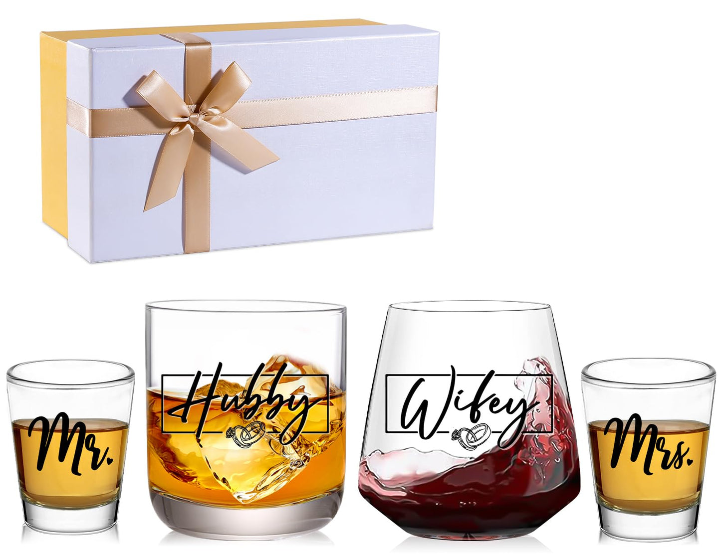 JOVGANK Wedding Gifts for Couples 2026, Bridal Shower Gifts, His and Hers Glass, Mr and Mrs Shot Glass, Hubby and Wifey Gift, Anniversary Couples Gift for Bride and Groom