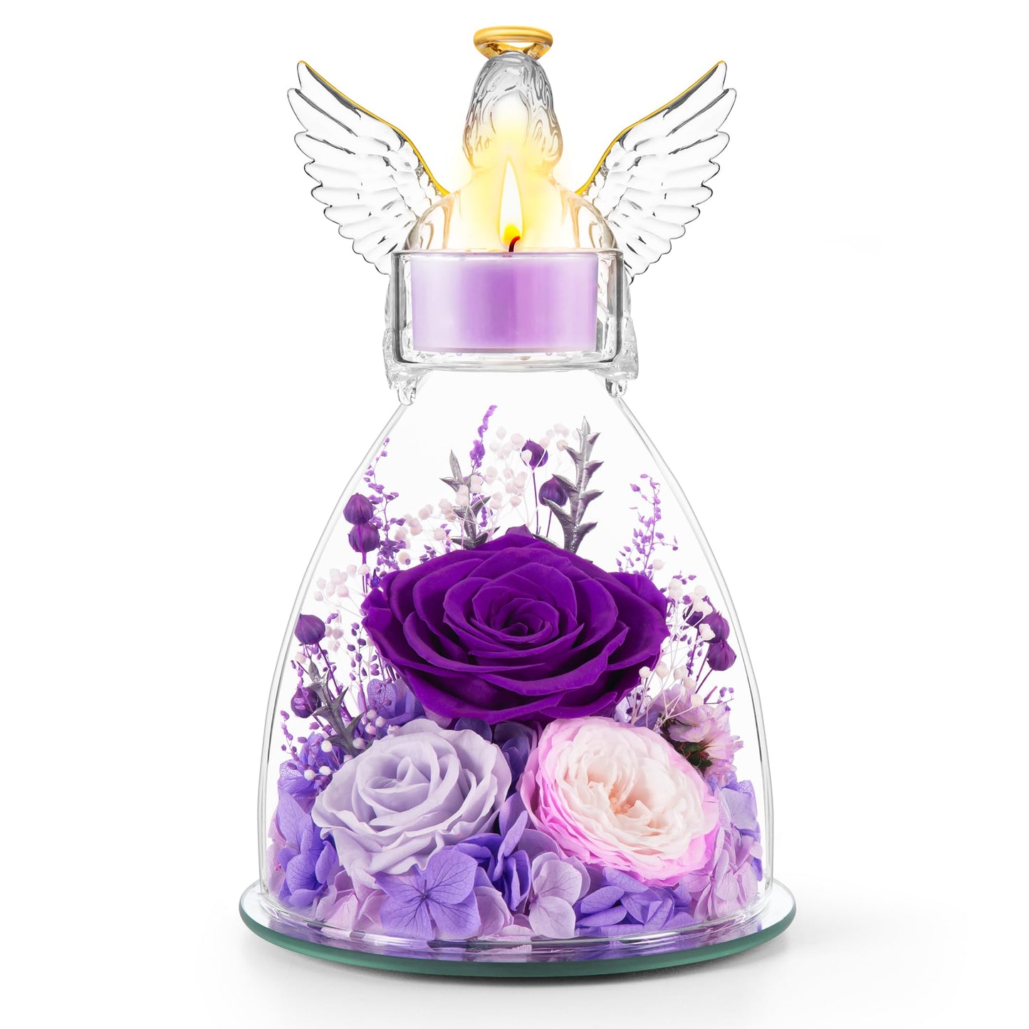 AIMEYE Mothers Day Roses Gifts for Mom, Preserved Roses in Glass Angel Figurines with Tealight Candle Holder,Fresh Flowers for Delivery,Mothers Day Flowers Gifts for Grandma Women Wife from Daughter