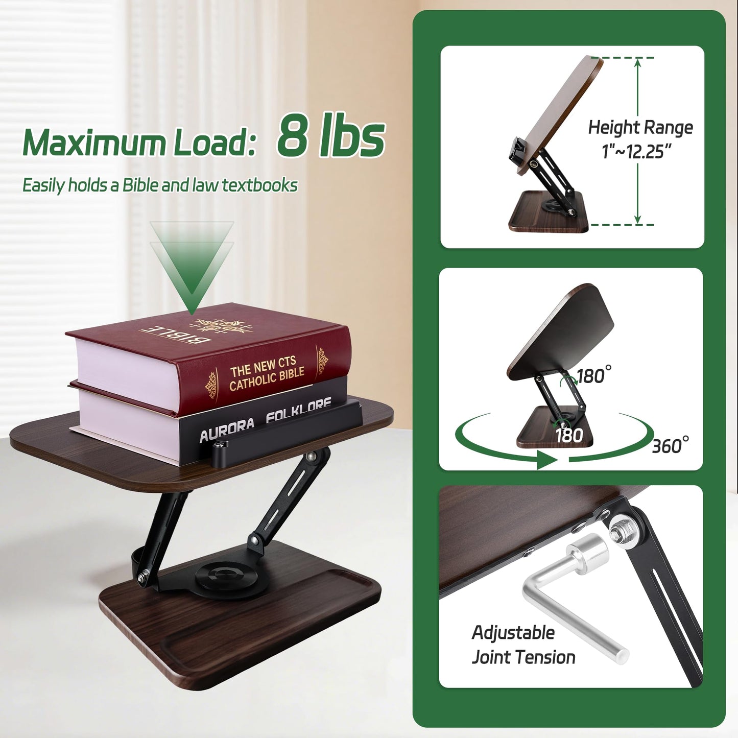 Siyoriot Book Stand for Reading, 360° Rotating Book Holder for Desk, Heavy Duty Bible Stand with Page Clips, Adjustable Height for Thick Textbooks, Cookbooks, Music Book