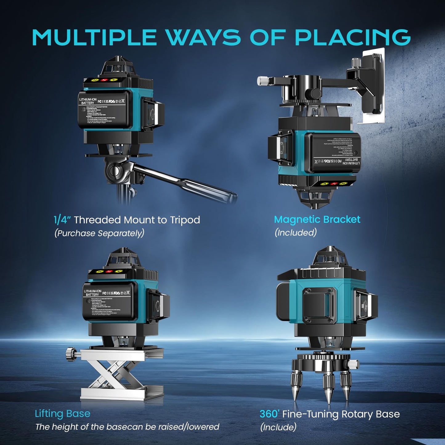 16 Line Laser Level 360 Self Leveling, 4x360°Professional 4D Green Cross Line laser Level with 2 Batteries, Adjustable Brightness & Remote Control, for Tiling Floor Construction and Picture Hanging