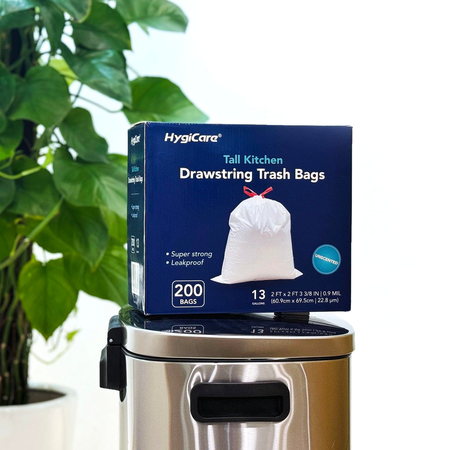 HygiCare 13 Gallon Tall Kichen Trash Bags, Unscented 200 Count Drawstring Garbage Bags, Pre-Separated, Ultra Strong, Leakproof, Sturdy, White