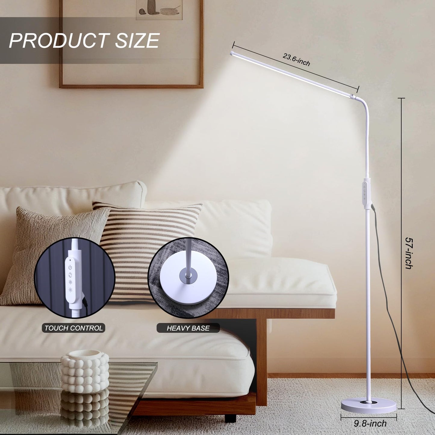 CGBE Extra-Long LED Lash Light: 23.6" Floor Lamps for Student Reading - 360° Adjustable Gooseneck Floor Light for Nail Technician - Touch Control Lash Lamp for Eyelashes